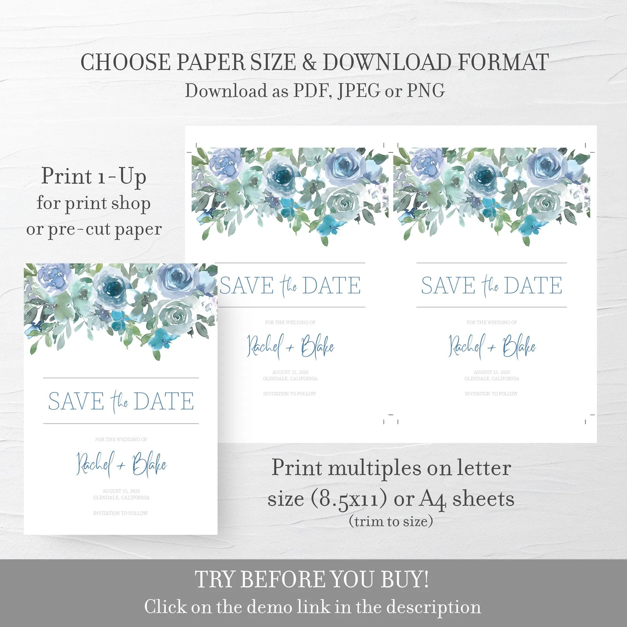 Blue Floral Save The Date Card Template, Printable Wedding Engagement Announcement, Editable INSTANT DOWNLOAD - BF100