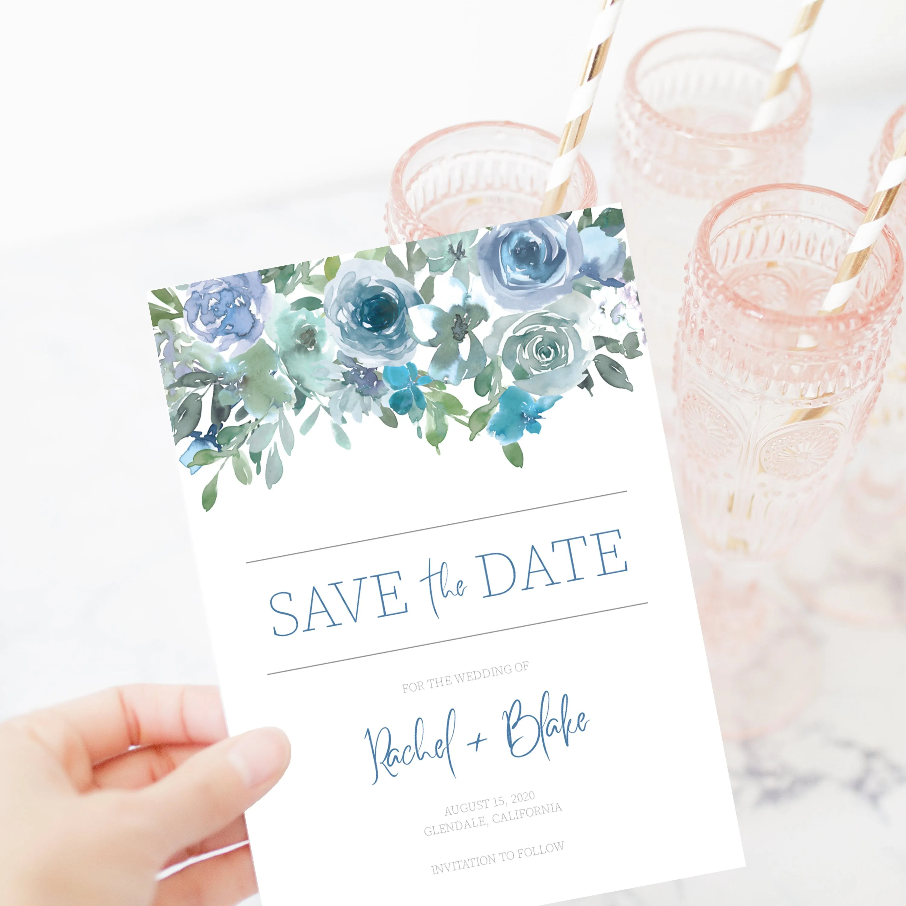 Blue Floral Save The Date Card Template, Printable Wedding Engagement Announcement, Editable INSTANT DOWNLOAD - BF100