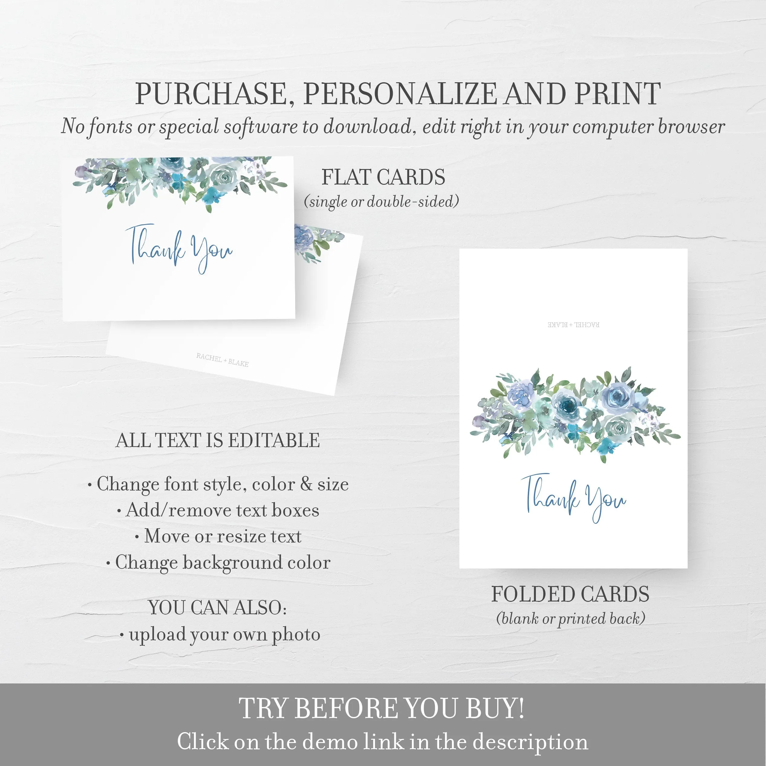 Blue Floral Thank You Card Printable, Blue Floral Wedding Thank You Note, Folded and Flat 5X3.5, Editable Template DIGITAL DOWNLOAD - BF100