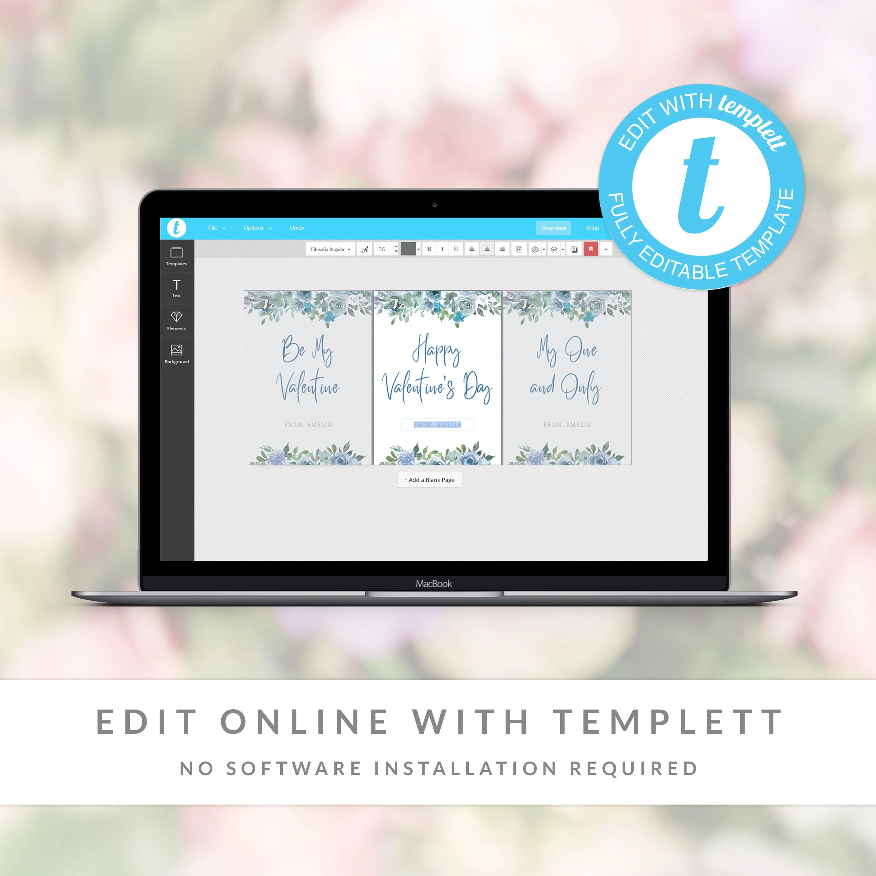 Blue Floral Valentine Cards For Kids Template, Printable Personalized Valentines, Editable INSTANT DOWNLOAD - BF100