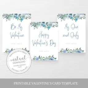 Blue Floral Valentine Cards For Kids Template, Printable Personalized Valentines, Editable INSTANT DOWNLOAD - BF100