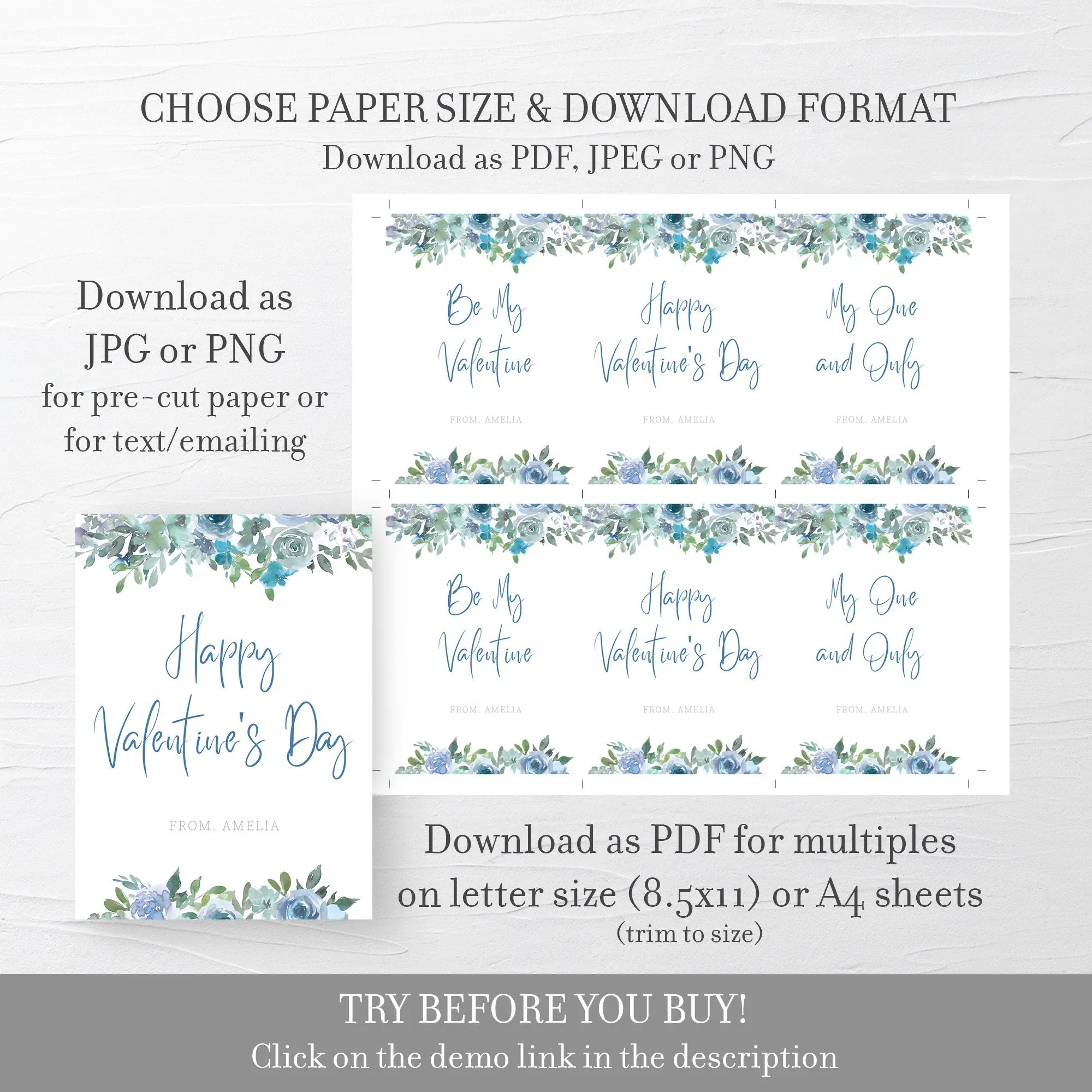 Blue Floral Valentine Cards For Kids Template, Printable Personalized Valentines, Editable INSTANT DOWNLOAD - BF100