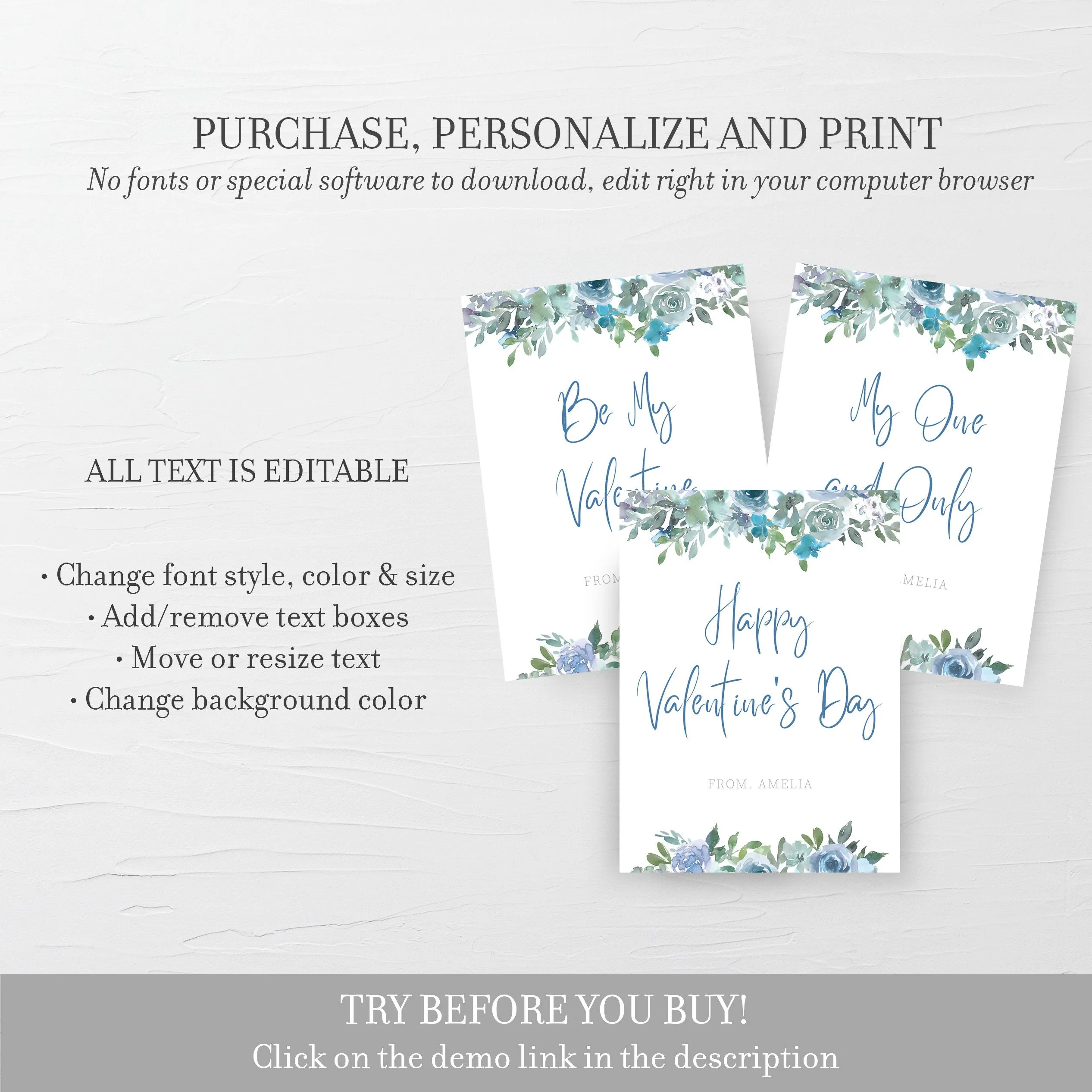 Blue Floral Valentine Cards For Kids Template, Printable Personalized Valentines, Editable INSTANT DOWNLOAD - BF100