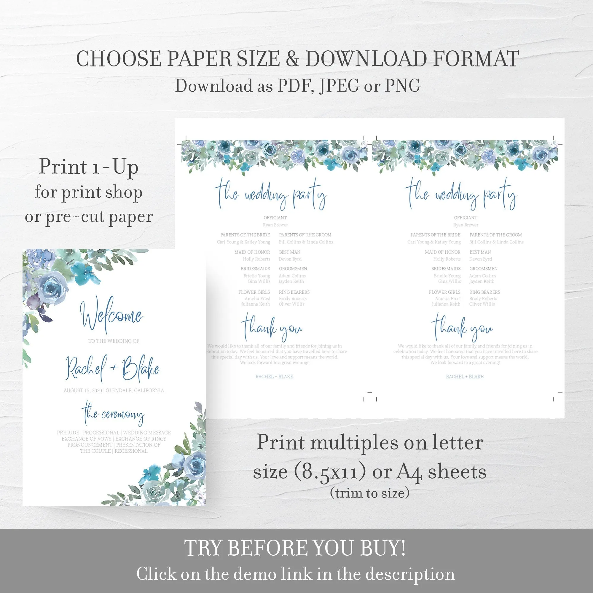 Blue Floral Wedding Ceremony Program Template, Printable Wedding Programs, Editable INSTANT DOWNLOAD - BF100