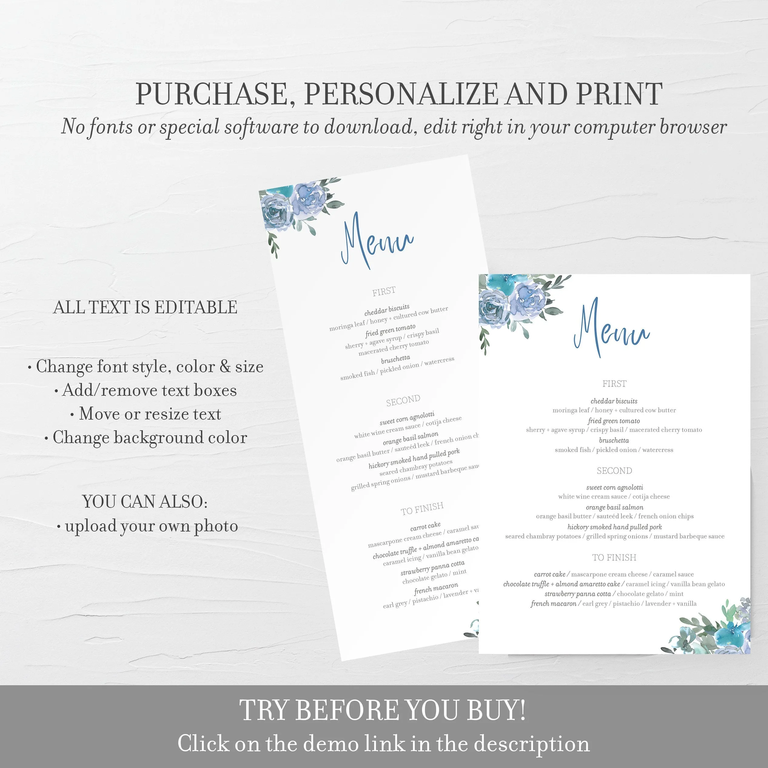 Blue Floral Wedding Menu Printable, Editable INSTANT DOWNLOAD - BF100