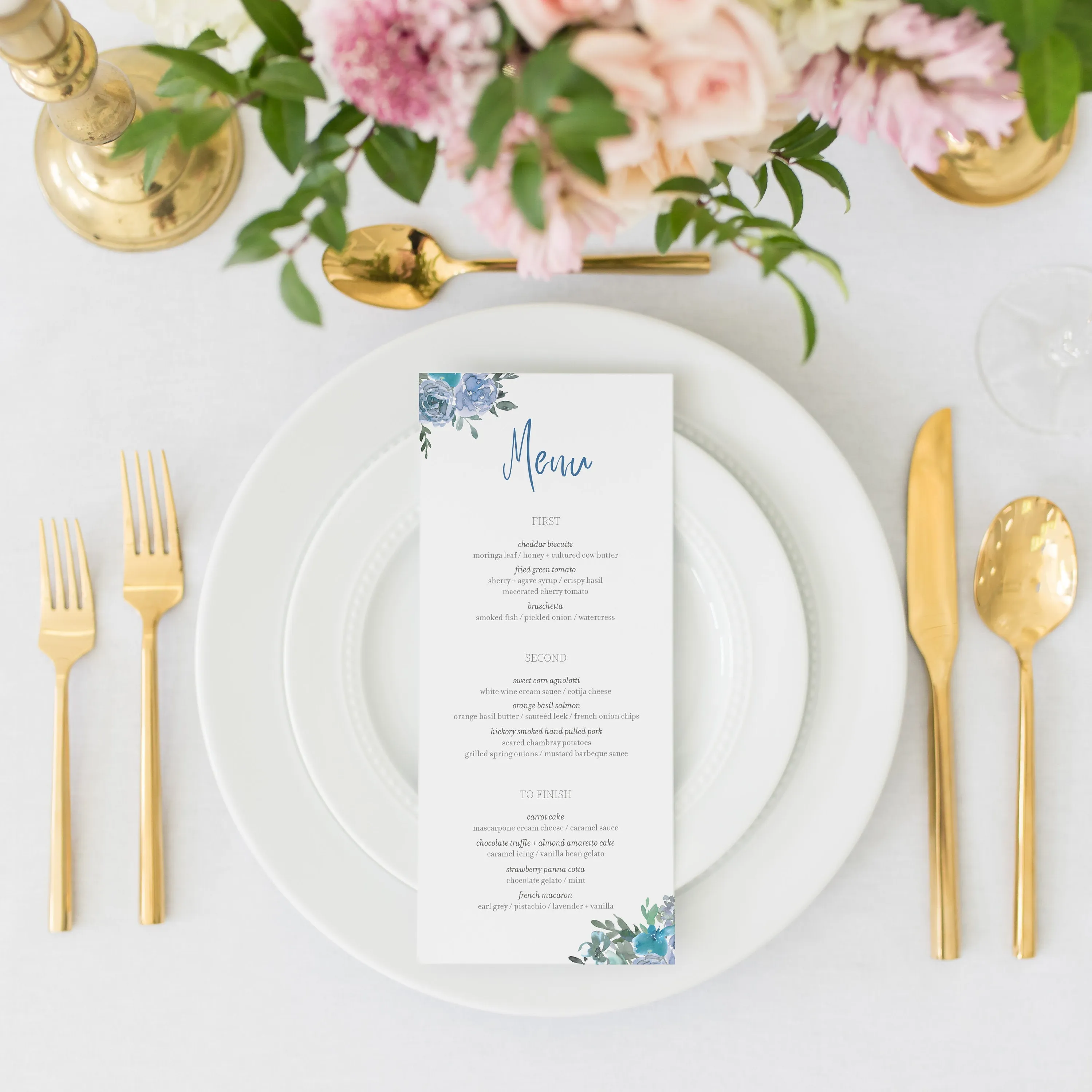 Blue Floral Wedding Menu Printable, Editable INSTANT DOWNLOAD - BF100