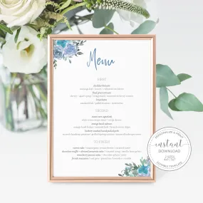 Blue Floral Wedding Menu Printable, Editable INSTANT DOWNLOAD - BF100