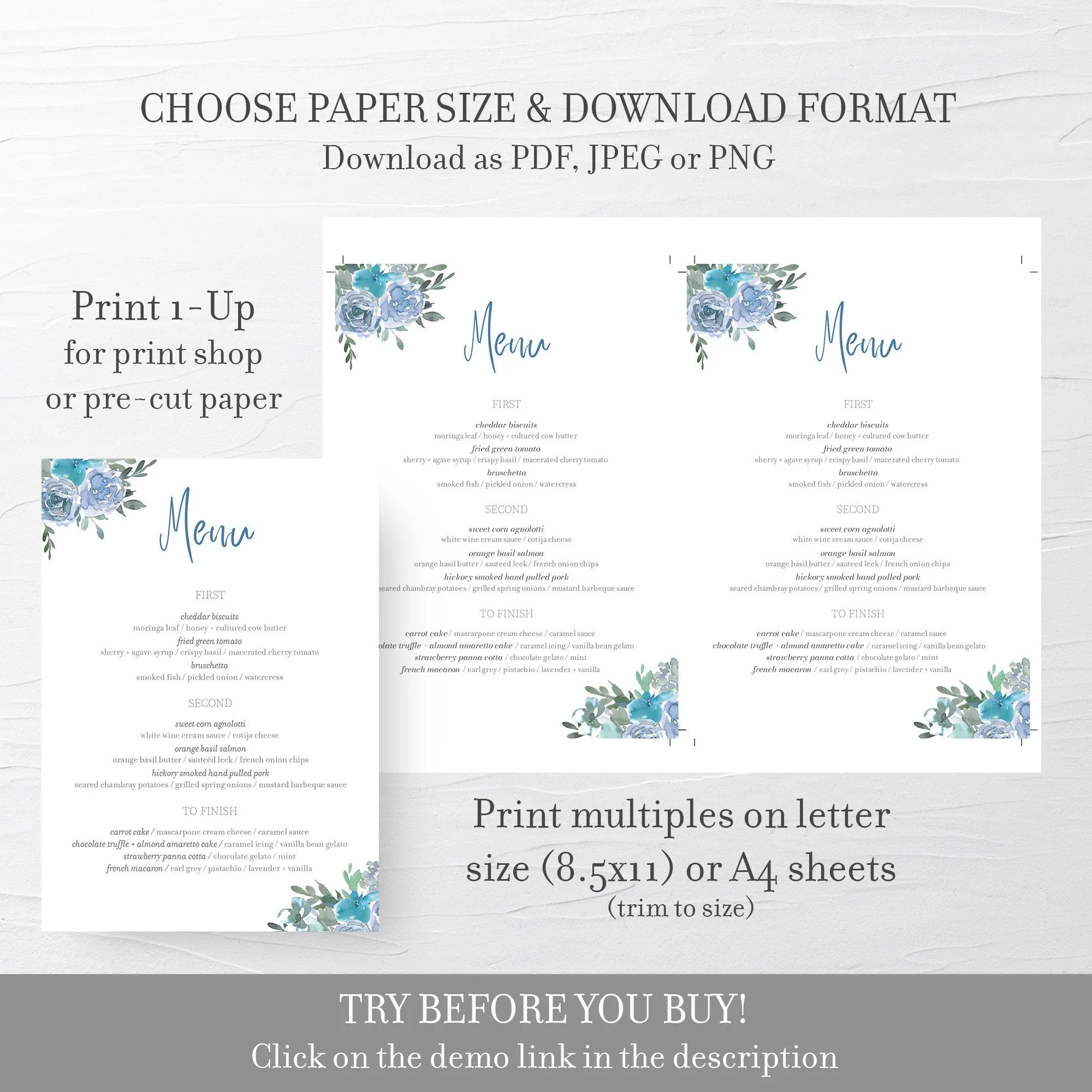 Blue Floral Wedding Menu Printable, Editable INSTANT DOWNLOAD - BF100
