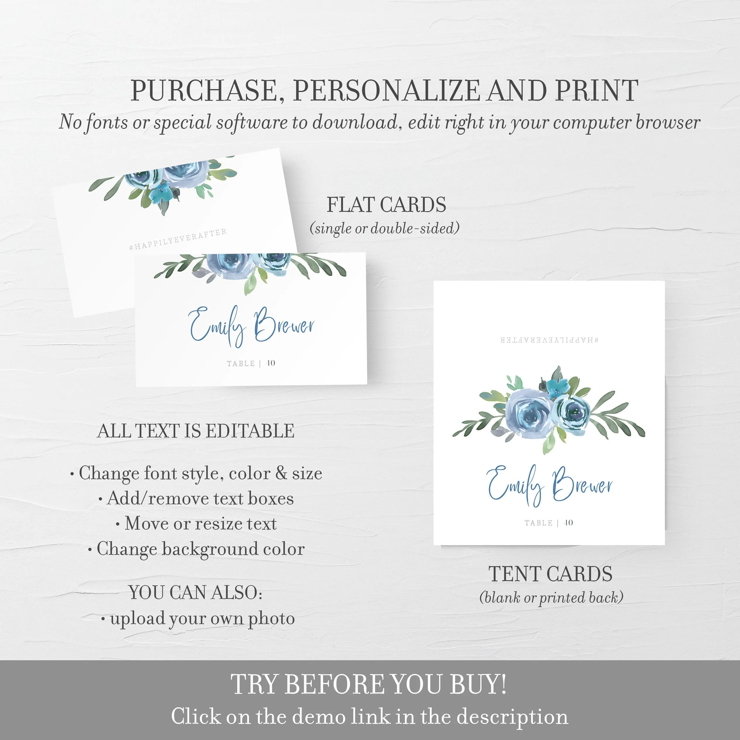 Blue Floral Wedding Place Card Template, Printable Name Cards, Editable INSTANT DOWNLOAD - BF100