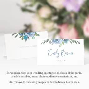Blue Floral Wedding Place Card Template, Printable Name Cards, Editable INSTANT DOWNLOAD - BF100