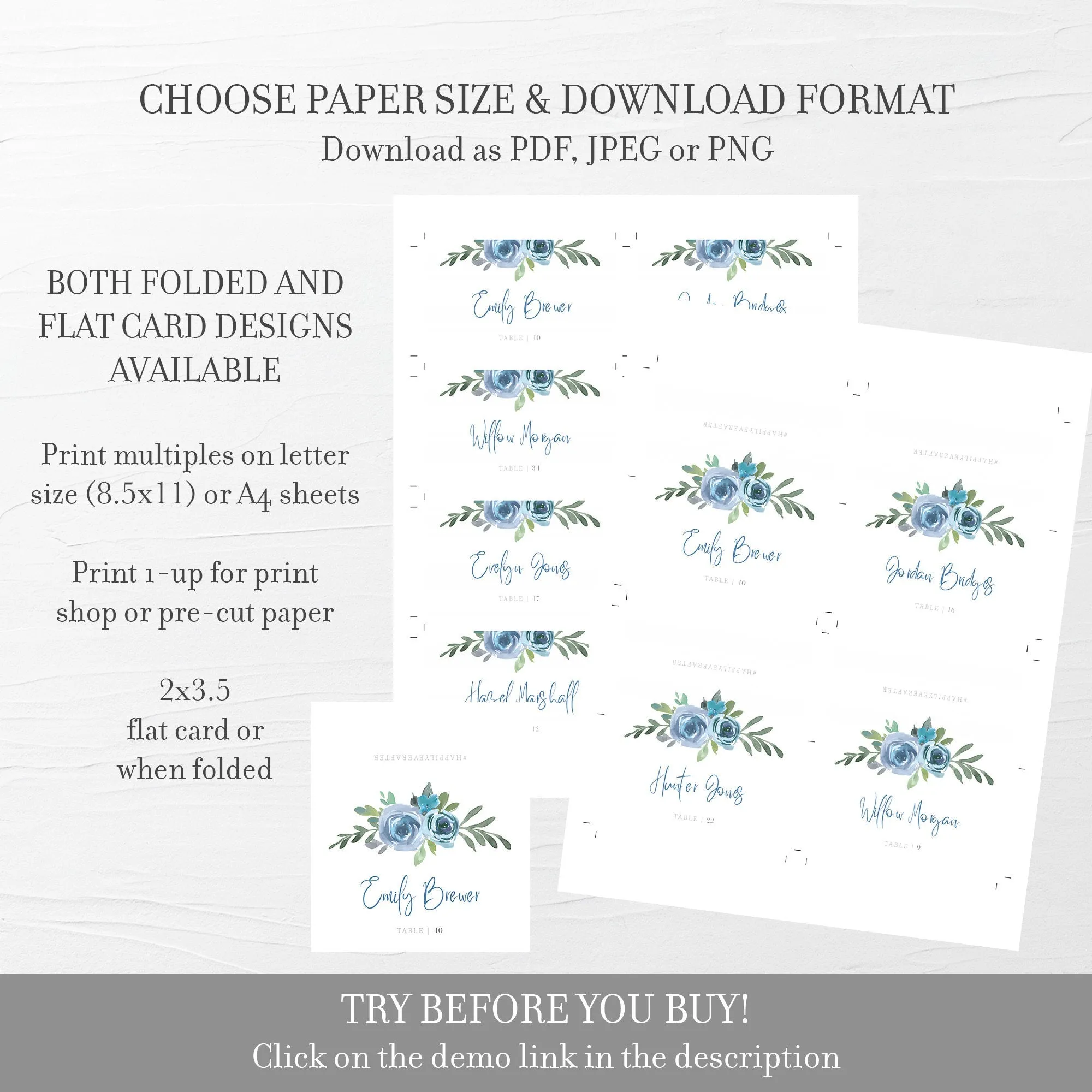Blue Floral Wedding Place Card Template, Printable Name Cards, Editable INSTANT DOWNLOAD - BF100