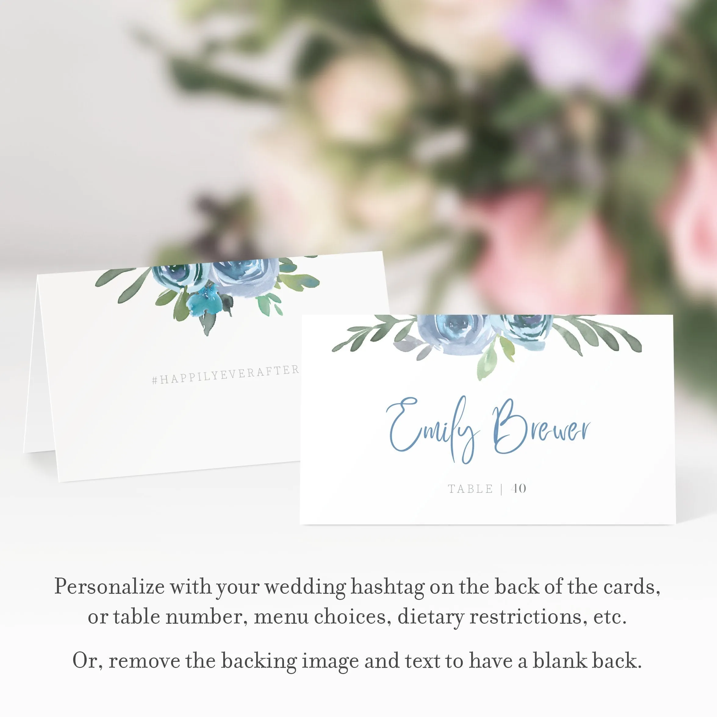Blue Floral Wedding Place Card Template, Printable Name Cards, Editable INSTANT DOWNLOAD - BF100