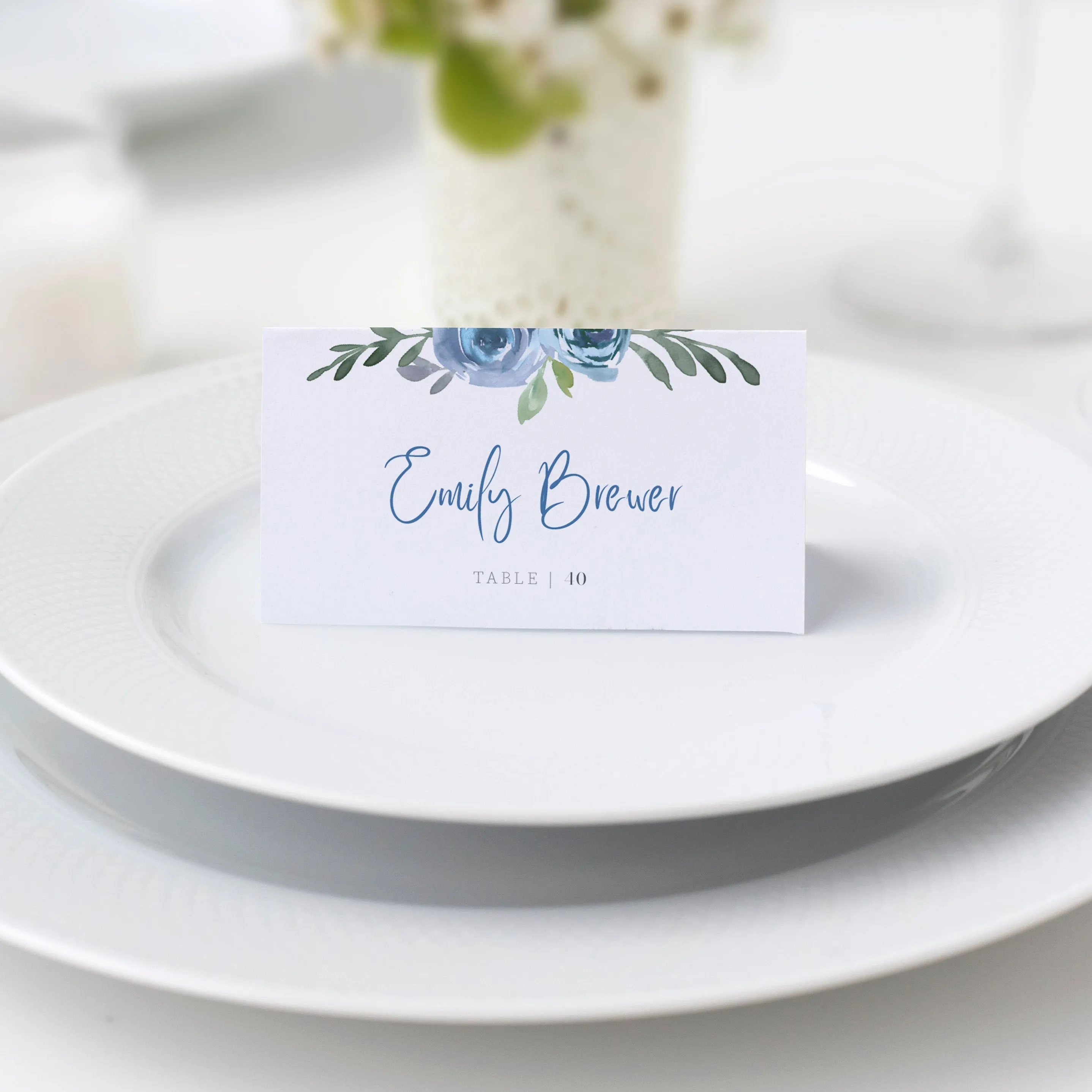 Blue Floral Wedding Place Card Template, Printable Name Cards, Editable INSTANT DOWNLOAD - BF100