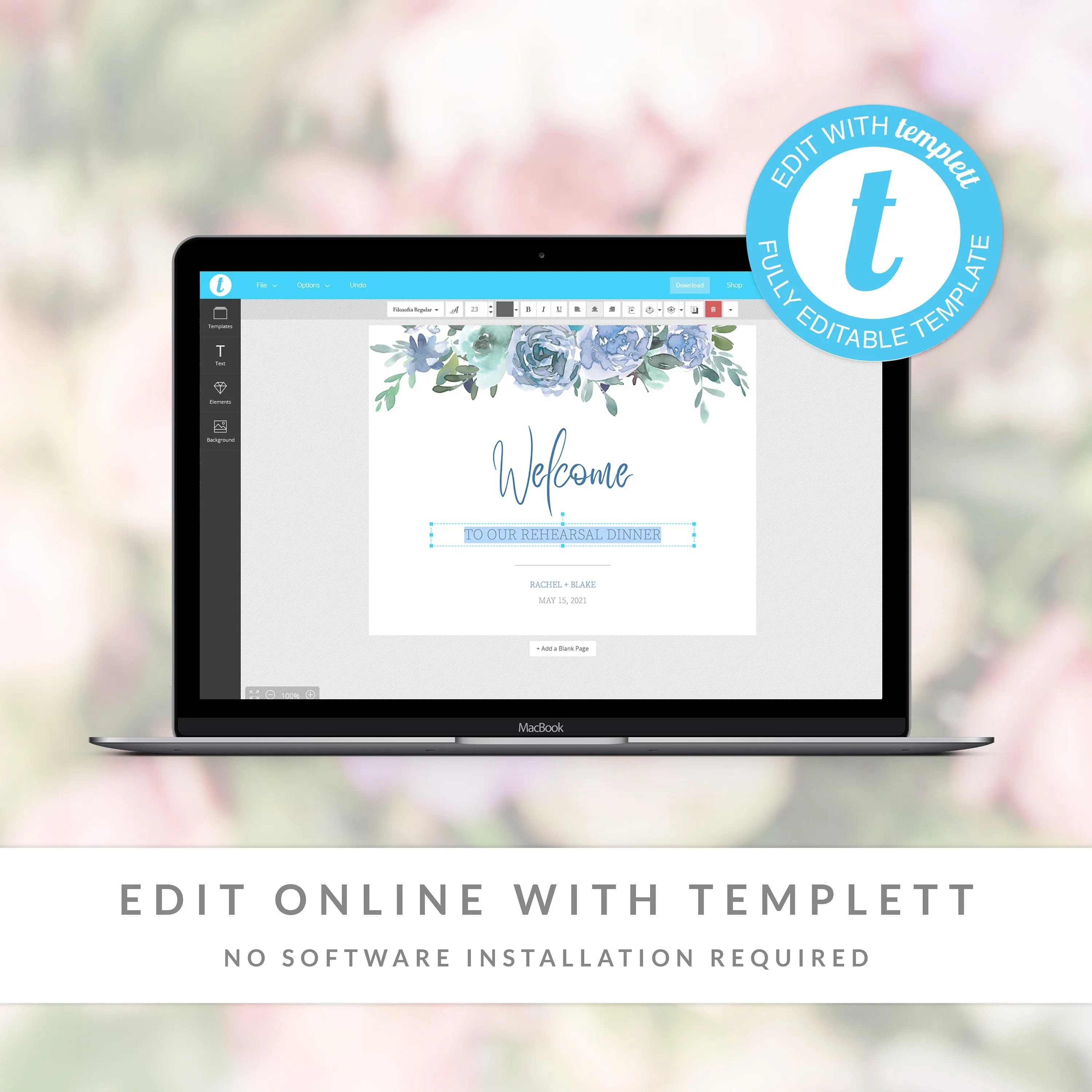 Blue Floral Wedding Rehearsal Dinner Sign Template, Printable Large Welcome Sign, Editable INSTANT DOWNLOAD - BF100