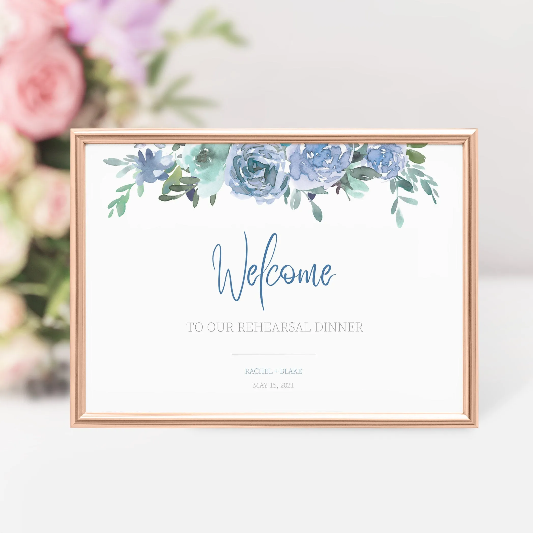 Blue Floral Wedding Rehearsal Dinner Sign Template, Printable Large Welcome Sign, Editable INSTANT DOWNLOAD - BF100