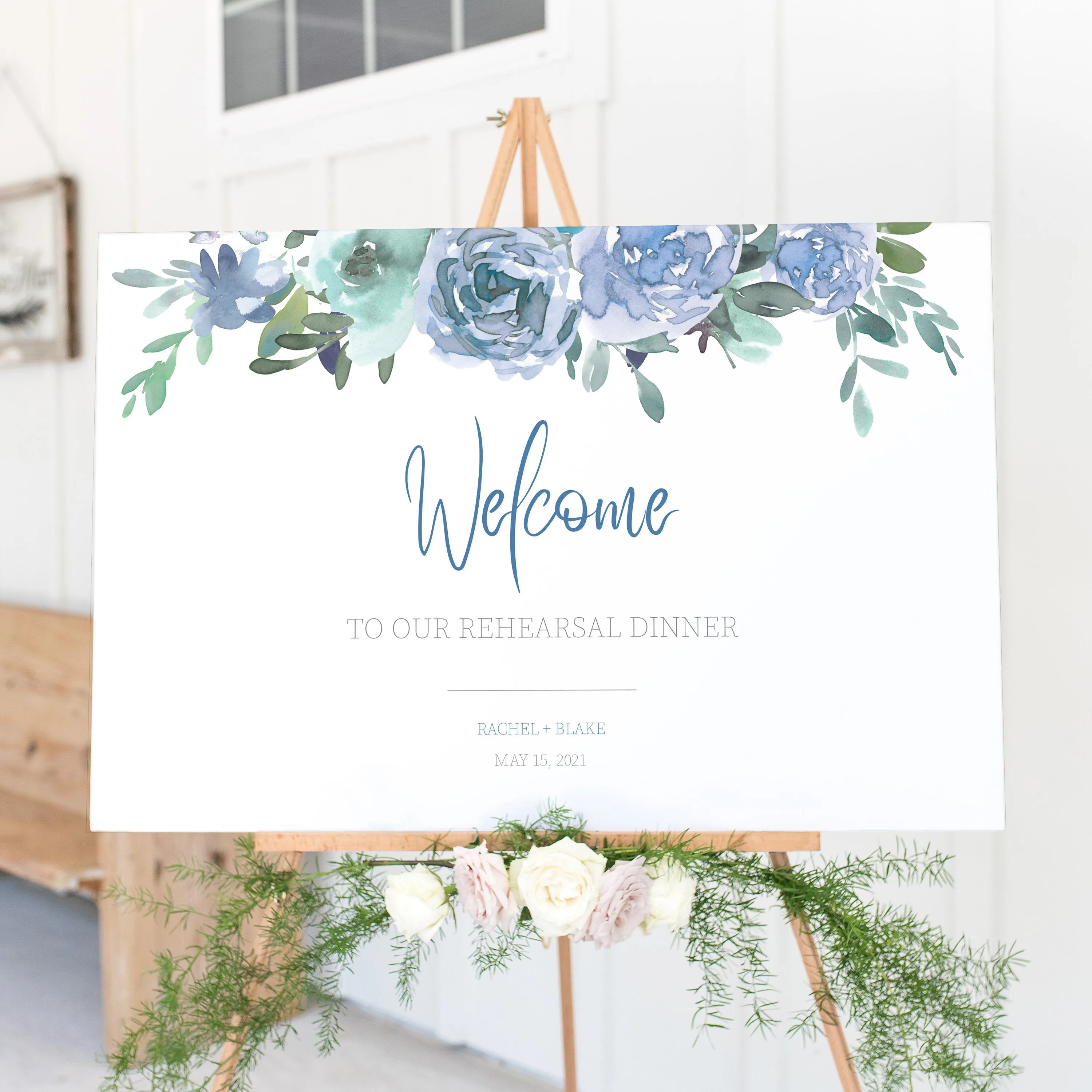 Blue Floral Wedding Rehearsal Dinner Sign Template, Printable Large Welcome Sign, Editable INSTANT DOWNLOAD - BF100