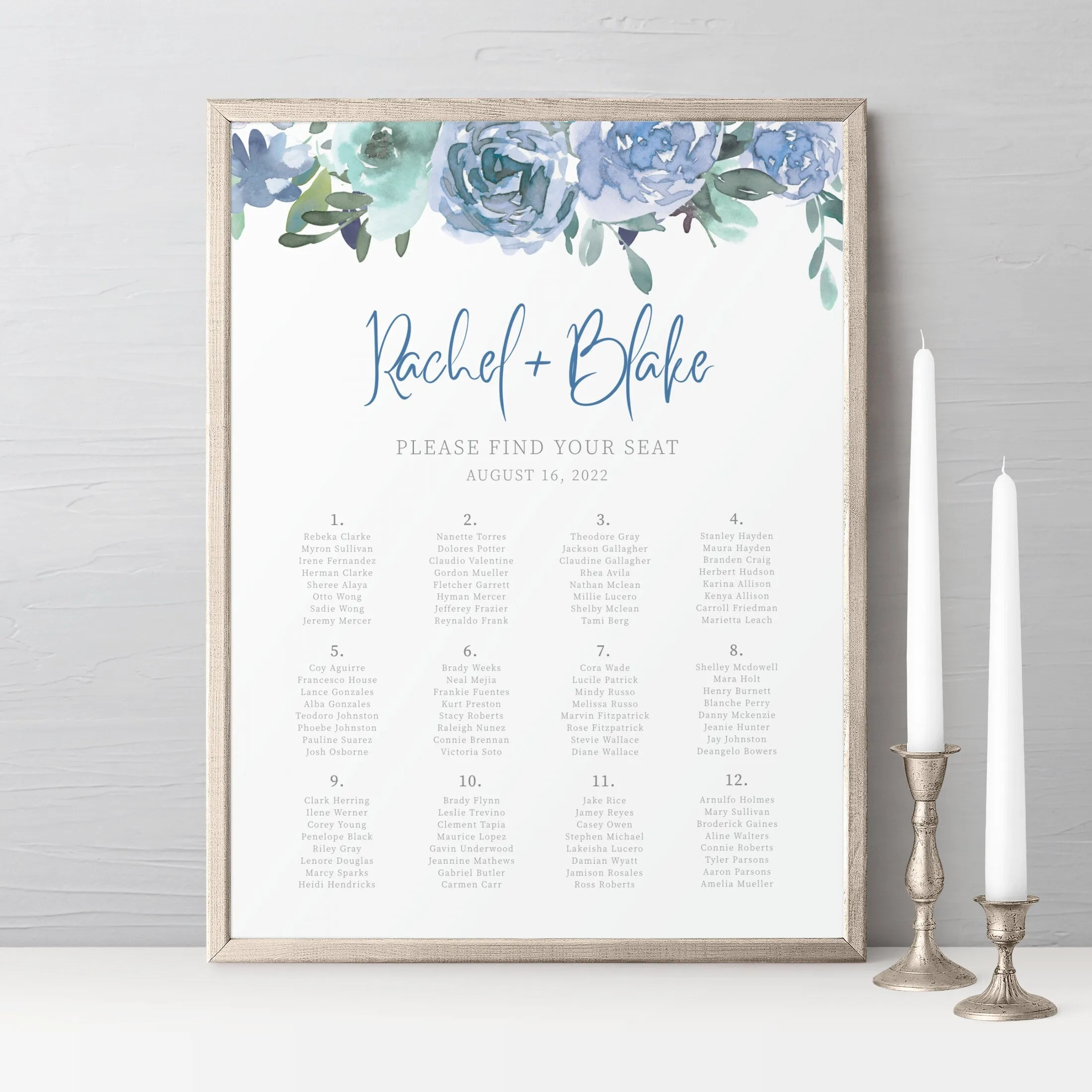 Blue Floral Wedding Seating Chart Poster Template, Printable Alphabetical Seating Chart Board, Editable INSTANT DOWNLOAD - BF100