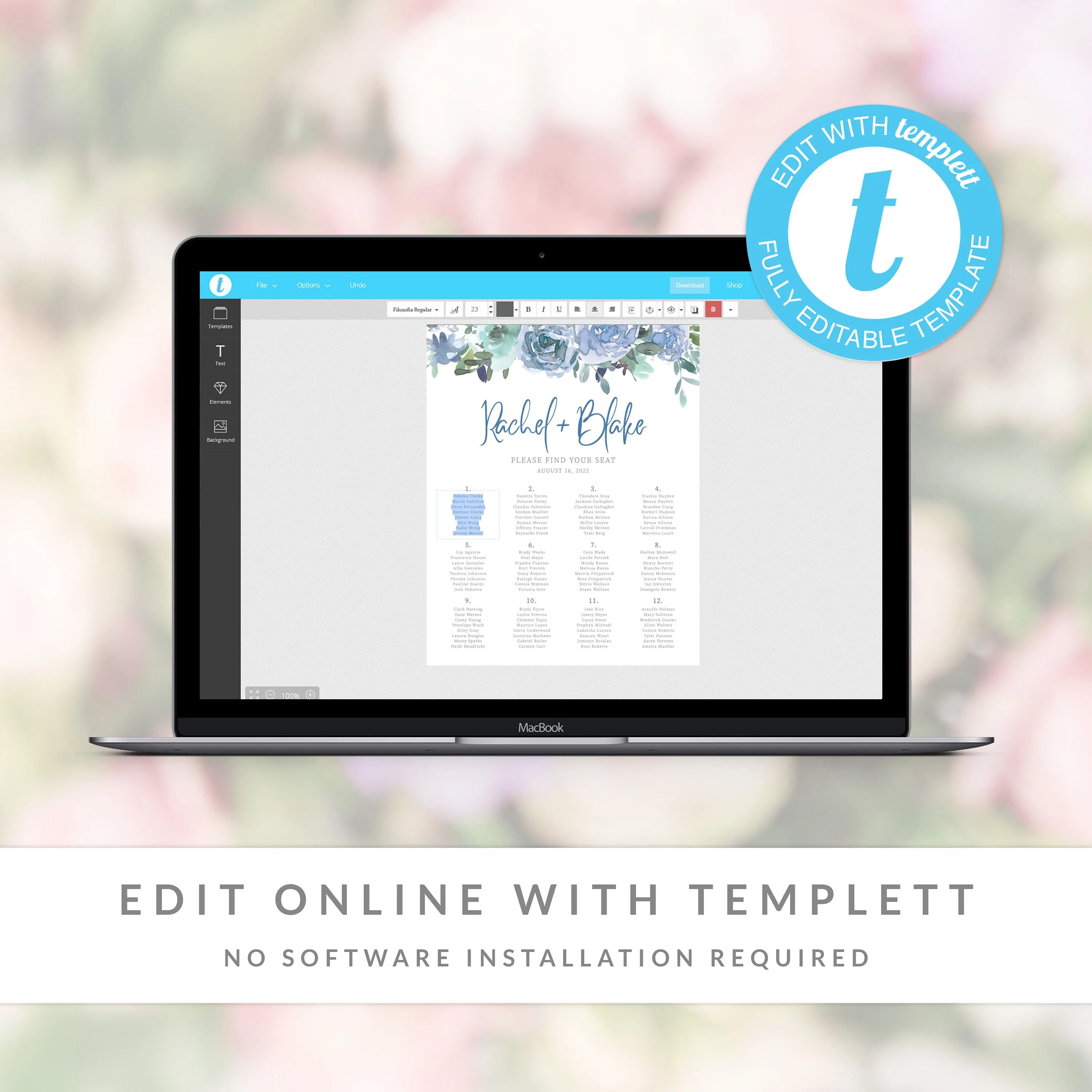 Blue Floral Wedding Seating Chart Poster Template, Printable Alphabetical Seating Chart Board, Editable INSTANT DOWNLOAD - BF100