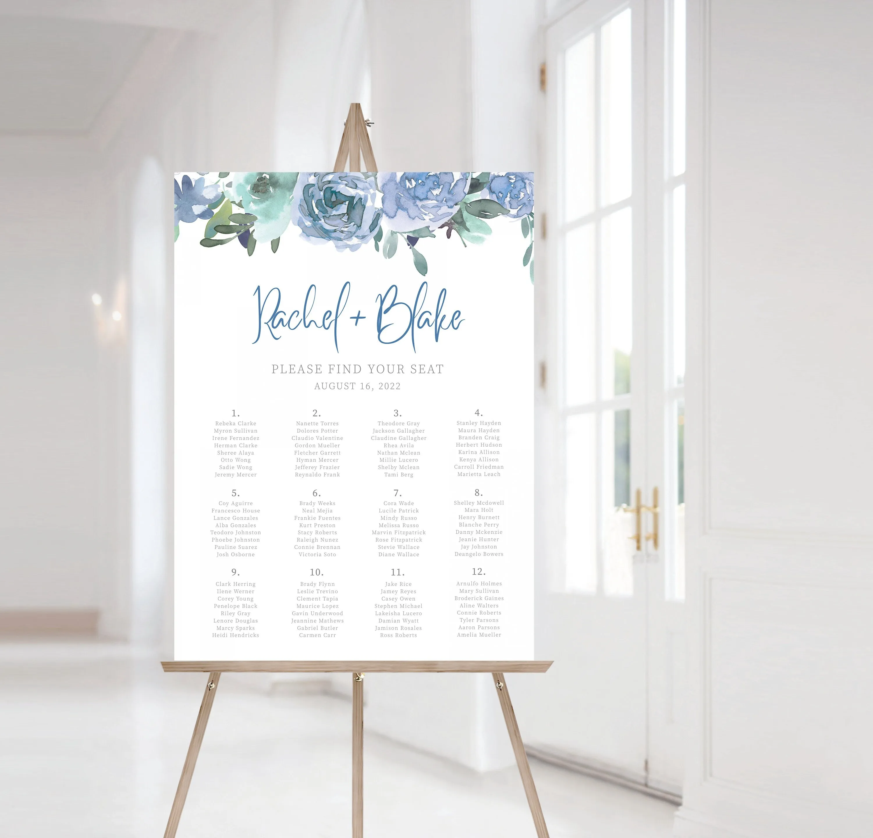 Blue Floral Wedding Seating Chart Poster Template, Printable Alphabetical Seating Chart Board, Editable INSTANT DOWNLOAD - BF100