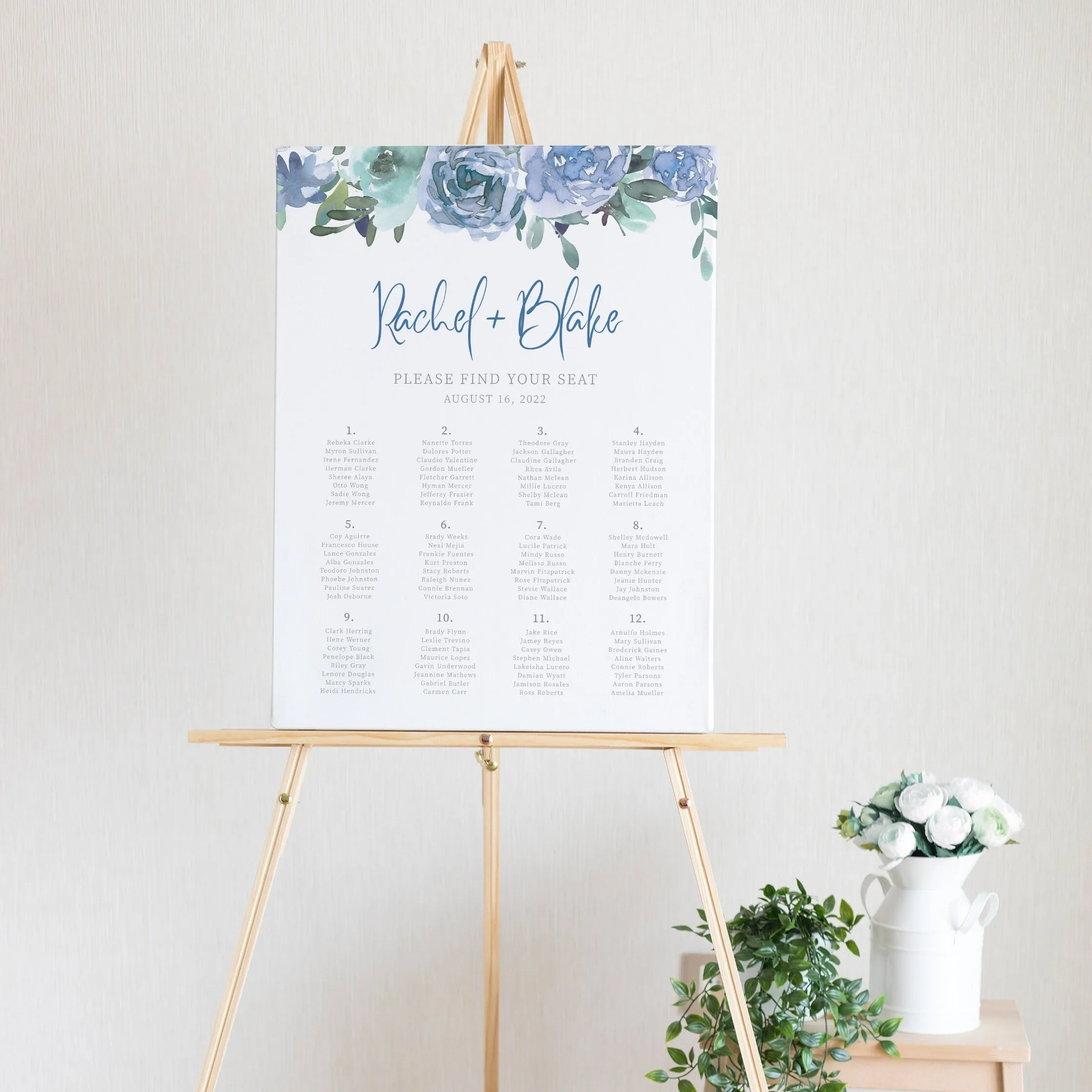 Blue Floral Wedding Seating Chart Poster Template, Printable Alphabetical Seating Chart Board, Editable INSTANT DOWNLOAD - BF100