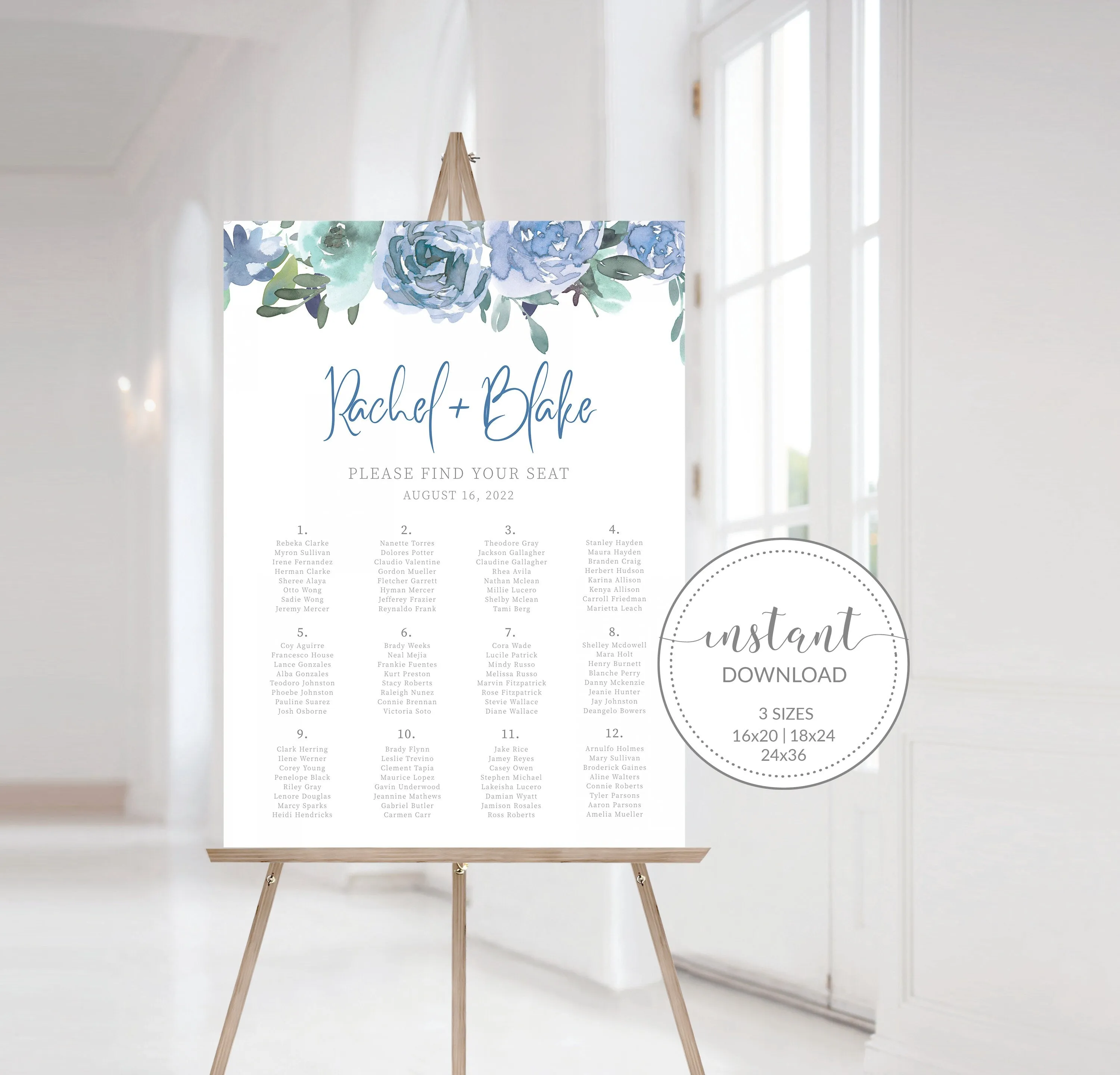 Blue Floral Wedding Seating Chart Poster Template, Printable Alphabetical Seating Chart Board, Editable INSTANT DOWNLOAD - BF100