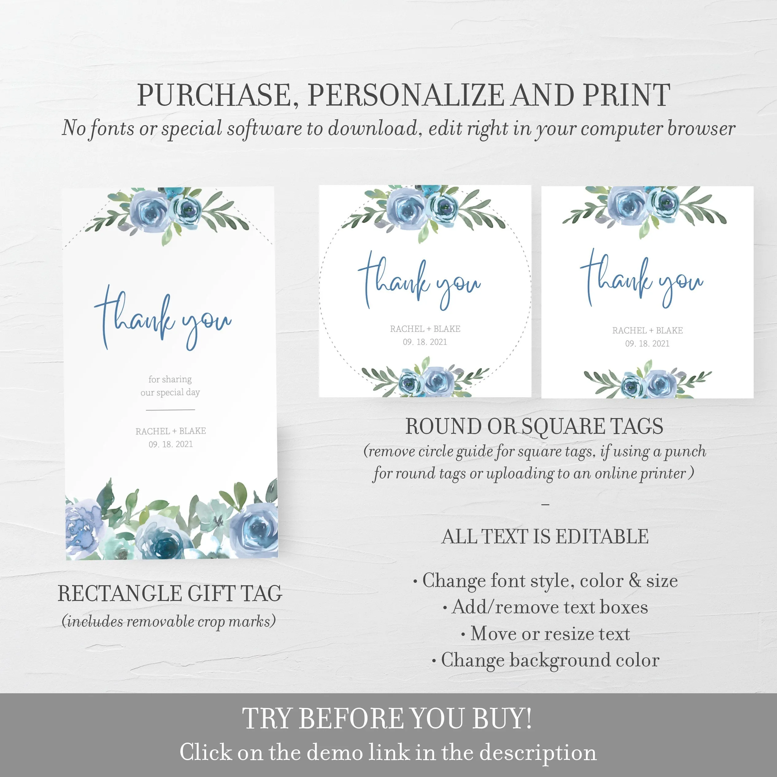 Blue Floral Wedding Stickers Template, Printable Wedding Thank You Stickers, Editable INSTANT DOWNLOAD - BF100