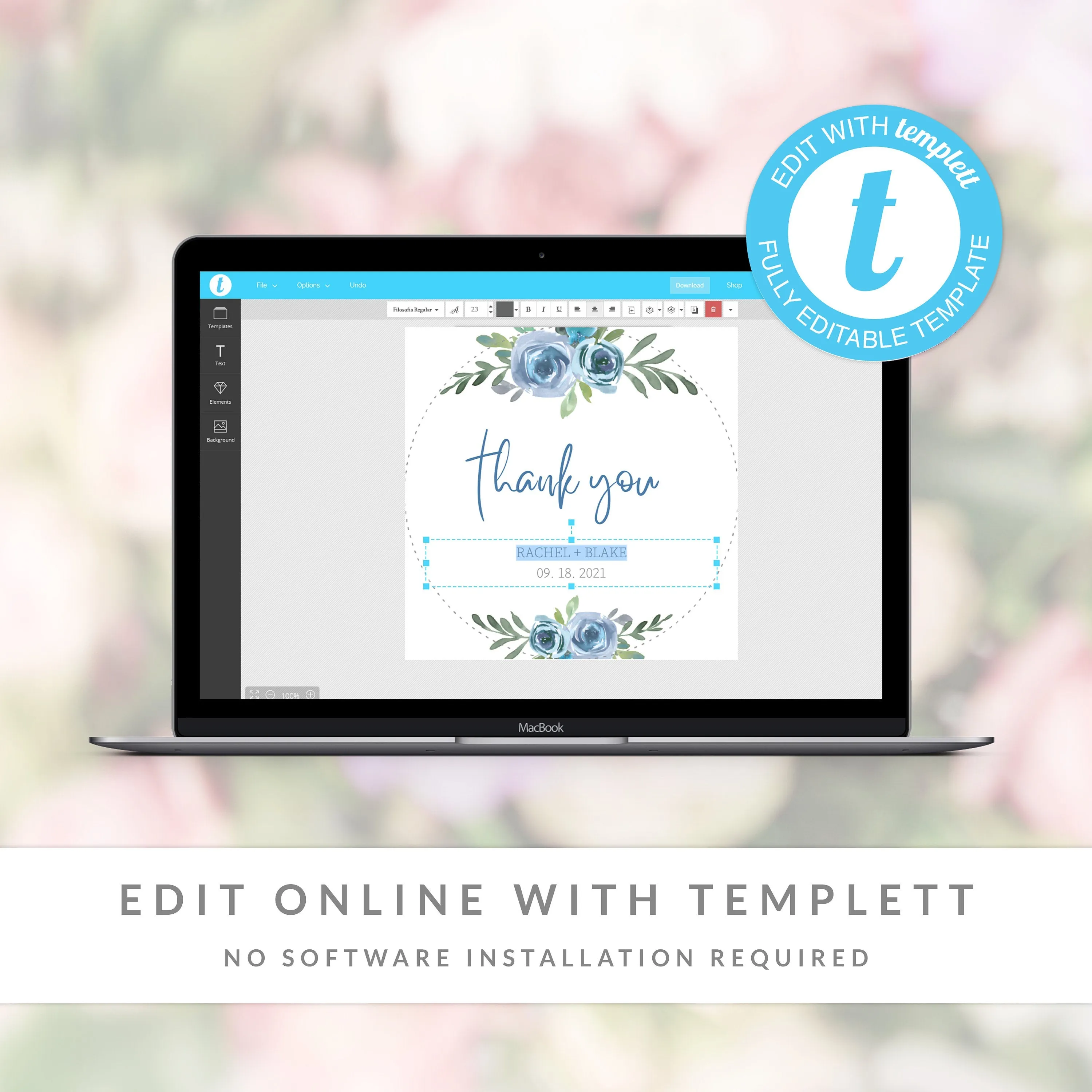 Blue Floral Wedding Stickers Template, Printable Wedding Thank You Stickers, Editable INSTANT DOWNLOAD - BF100