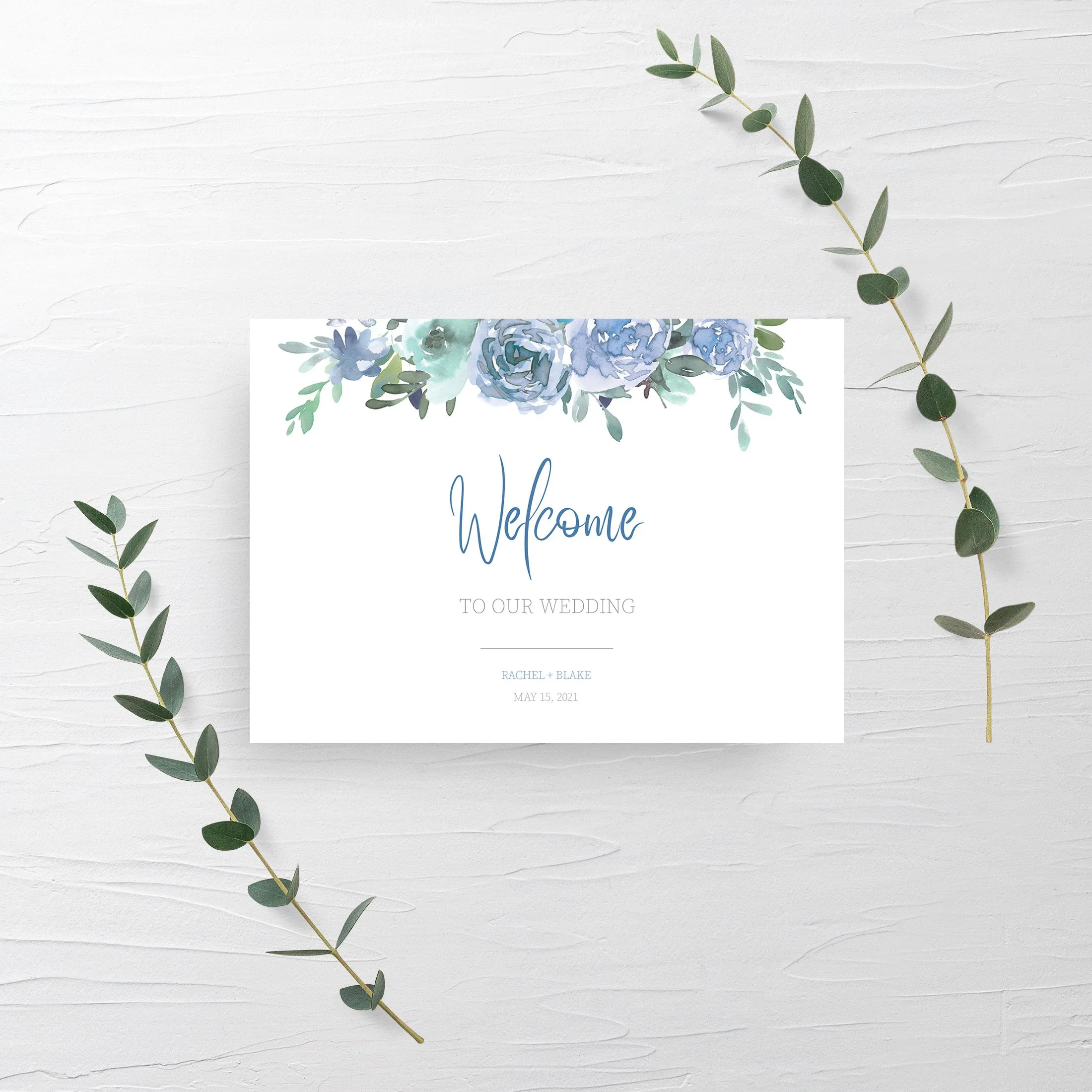 Blue Floral Wedding Welcome Sign Template, Printable Large Welcome To Our Wedding Sign, Editable INSTANT DOWNLOAD - BF100