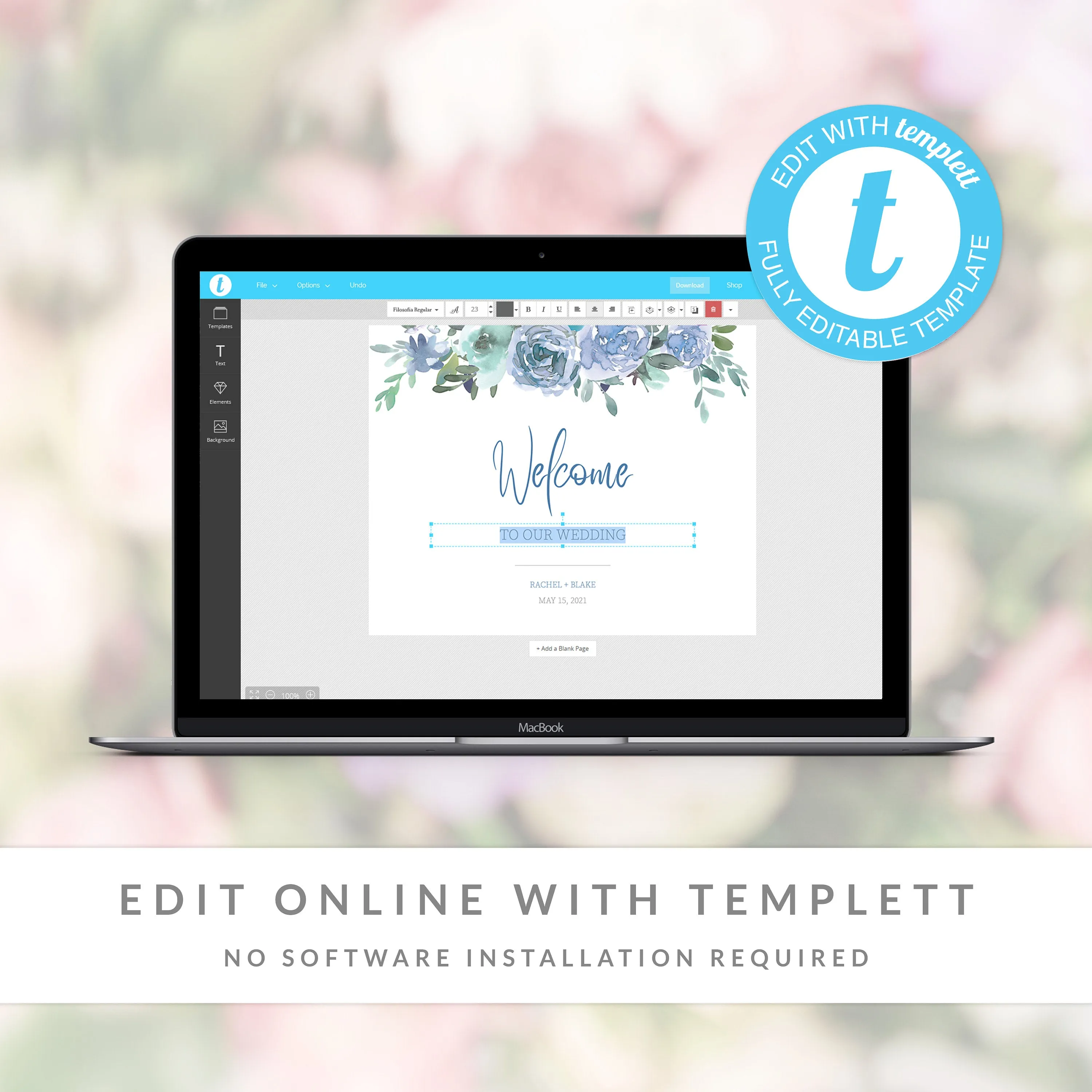 Blue Floral Wedding Welcome Sign Template, Printable Large Welcome To Our Wedding Sign, Editable INSTANT DOWNLOAD - BF100