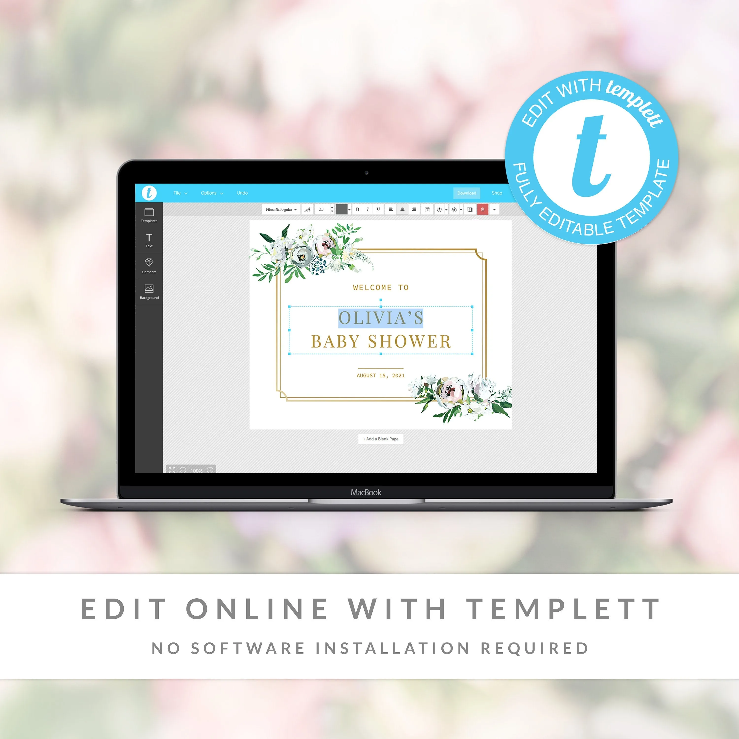 Blush Floral Greenery Baby Shower Welcome Sign Template, Printable Large Welcome Sign, Editable INSTANT DOWNLOAD - BGF100