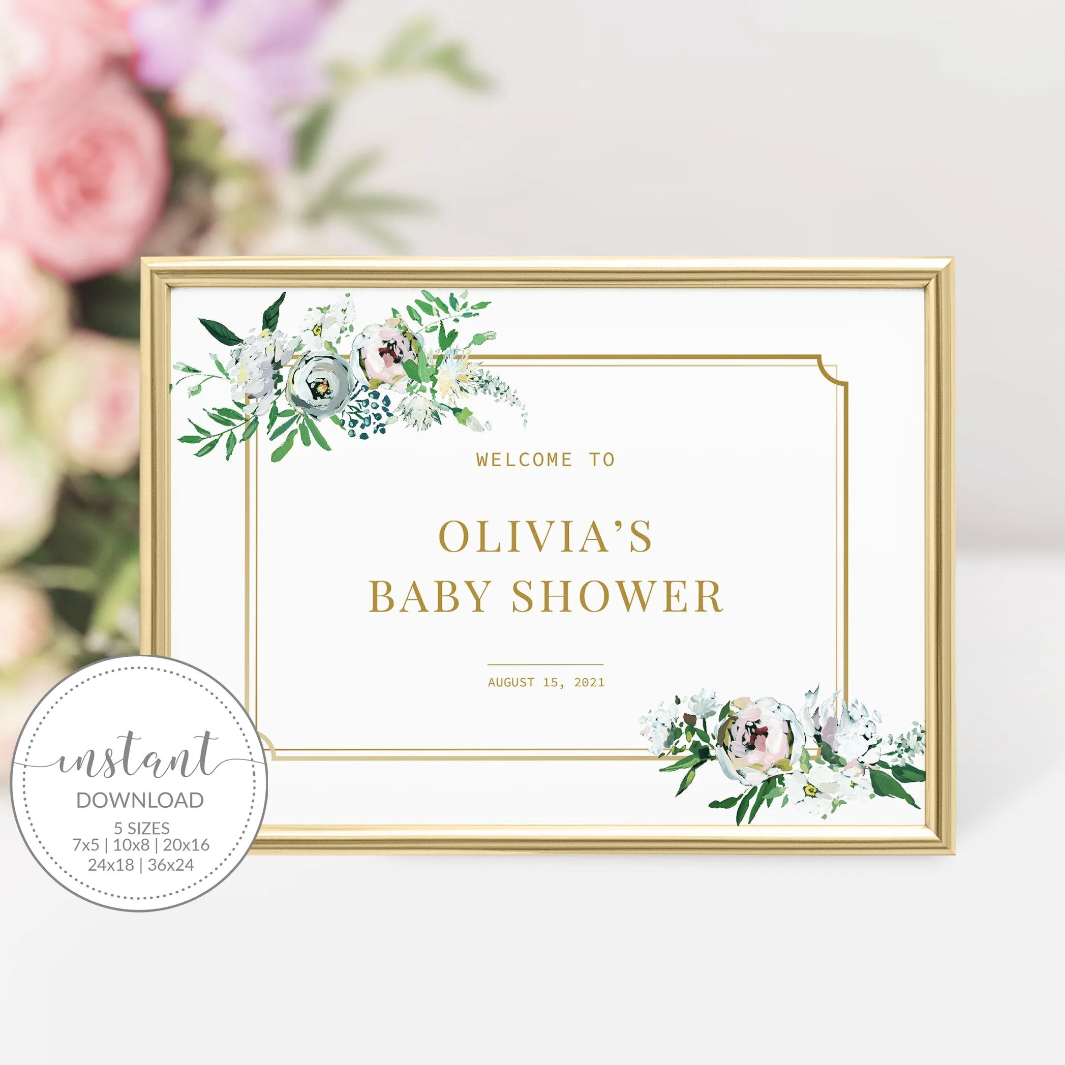 Blush Floral Greenery Baby Shower Welcome Sign Template, Printable Large Welcome Sign, Editable INSTANT DOWNLOAD - BGF100
