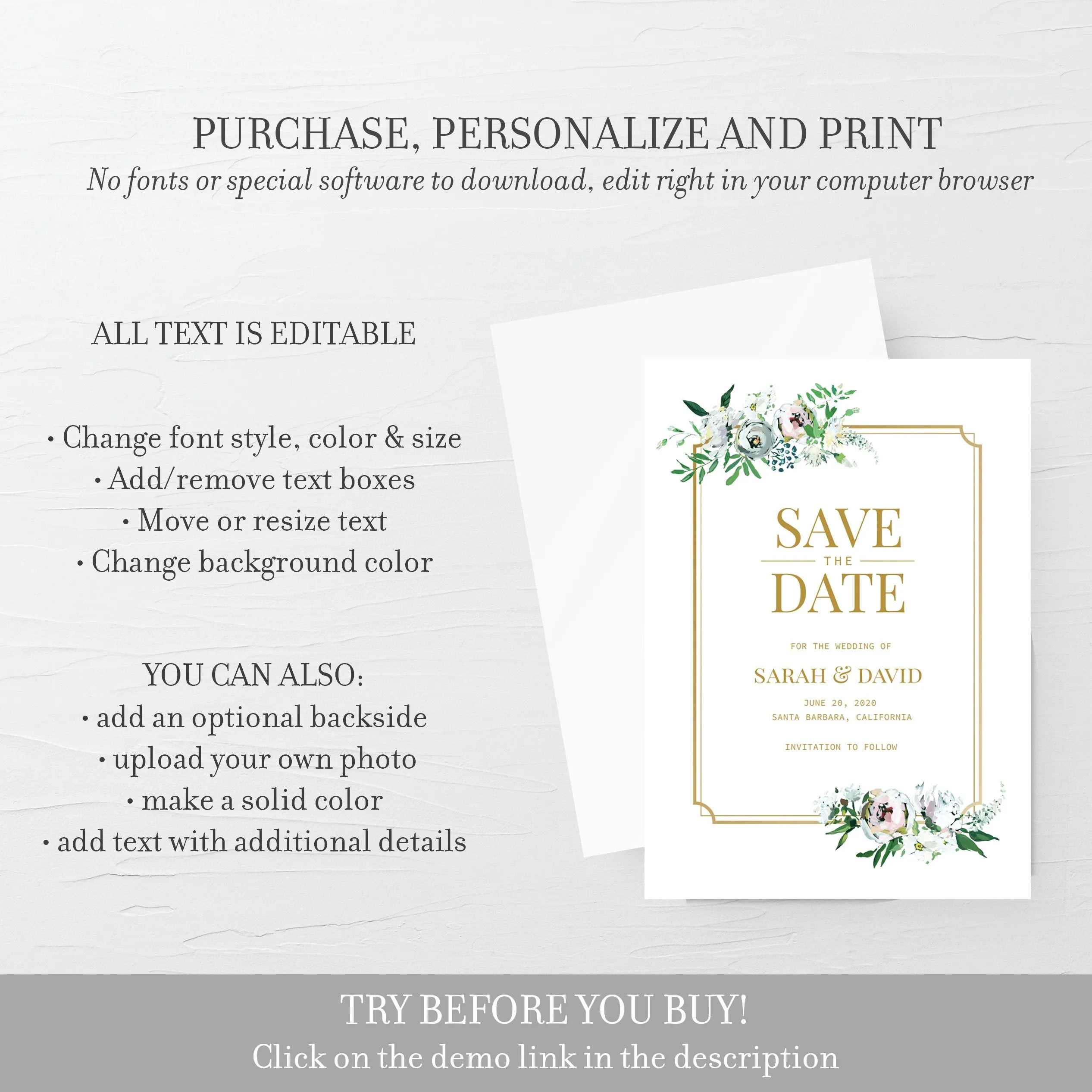 Blush Floral Greenery Save The Date Card Template, Printable Wedding Engagement Announcement, Editable INSTANT DOWNLOAD - BGF100
