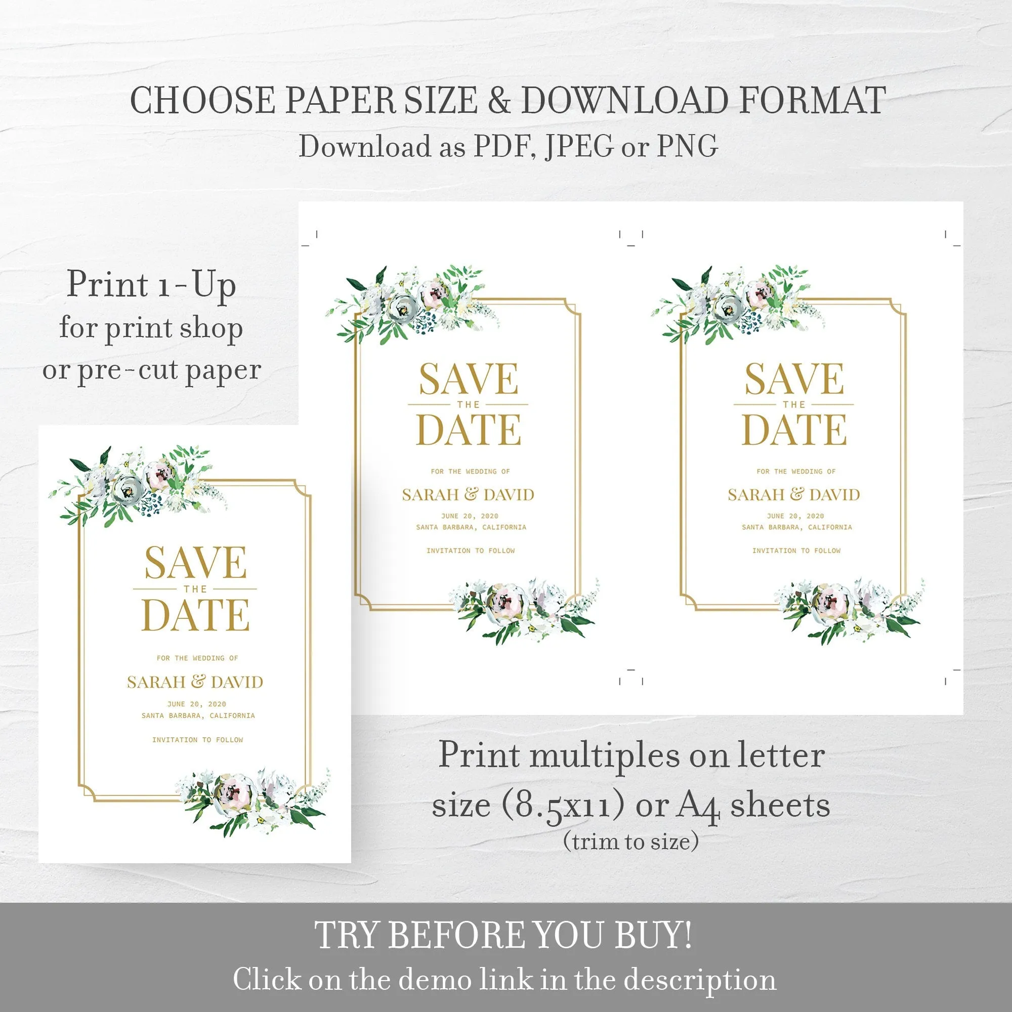 Blush Floral Greenery Save The Date Card Template, Printable Wedding Engagement Announcement, Editable INSTANT DOWNLOAD - BGF100
