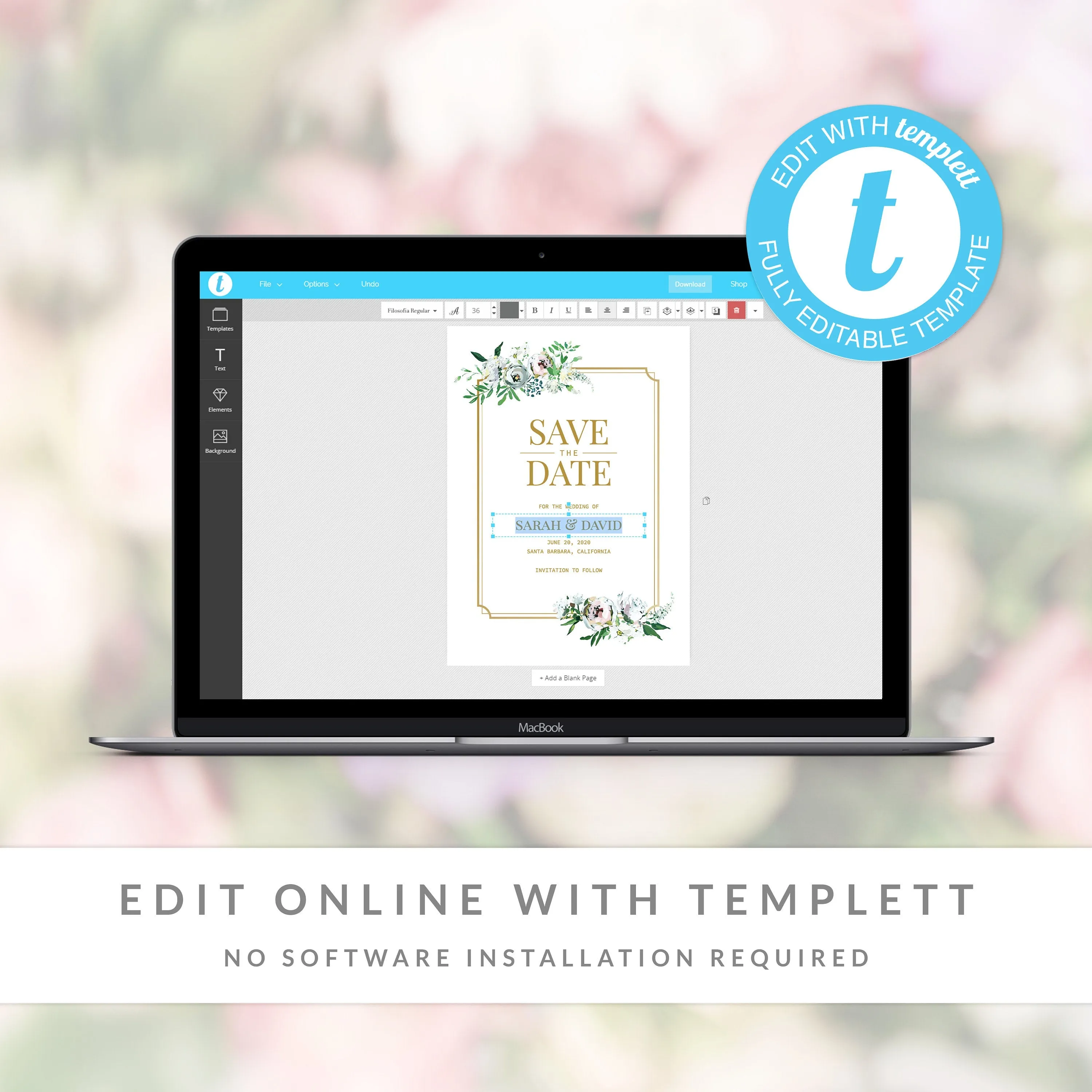 Blush Floral Greenery Save The Date Card Template, Printable Wedding Engagement Announcement, Editable INSTANT DOWNLOAD - BGF100