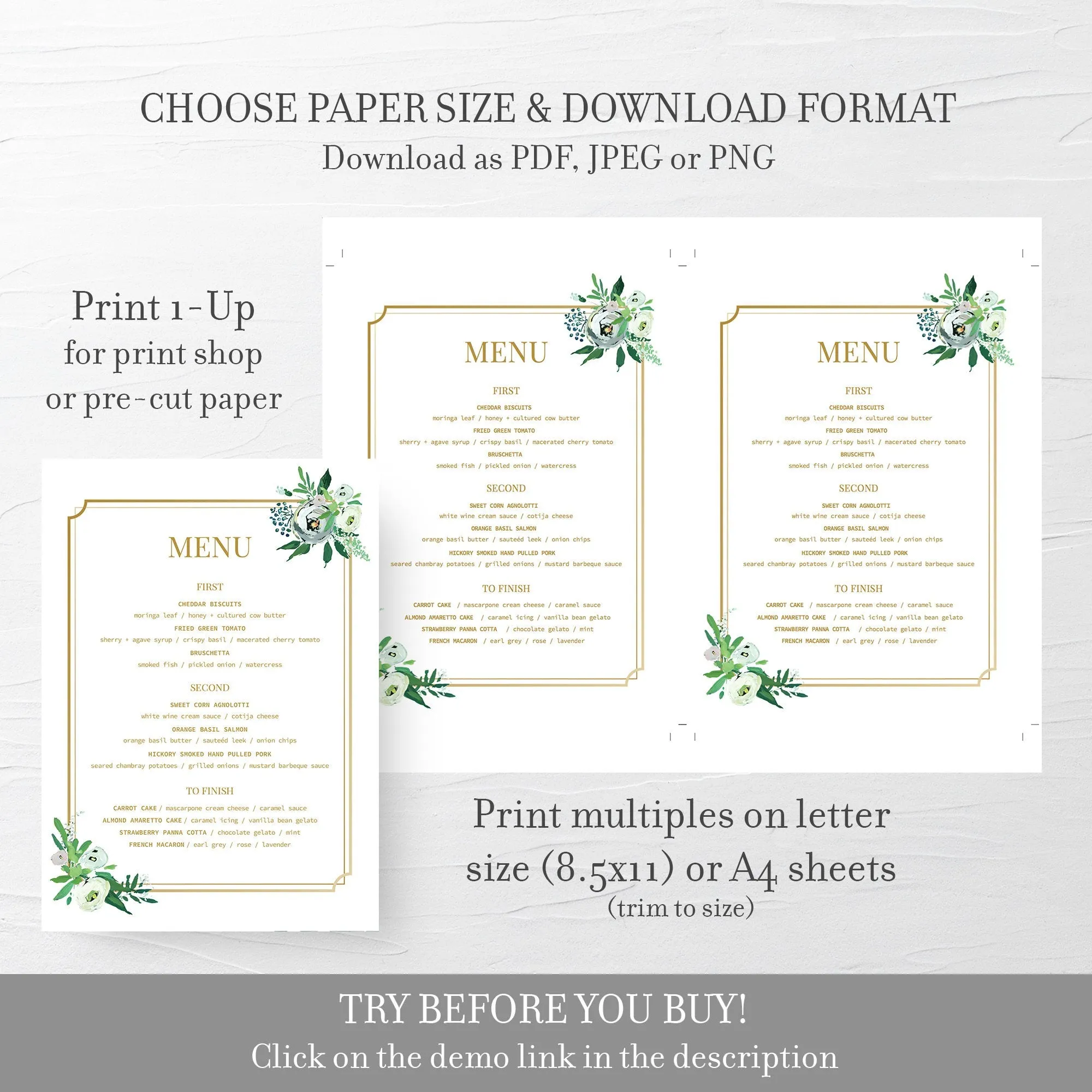Blush Floral Greenery Wedding Menu Template, Printable, Editable INSTANT DOWNLOAD - BGF100