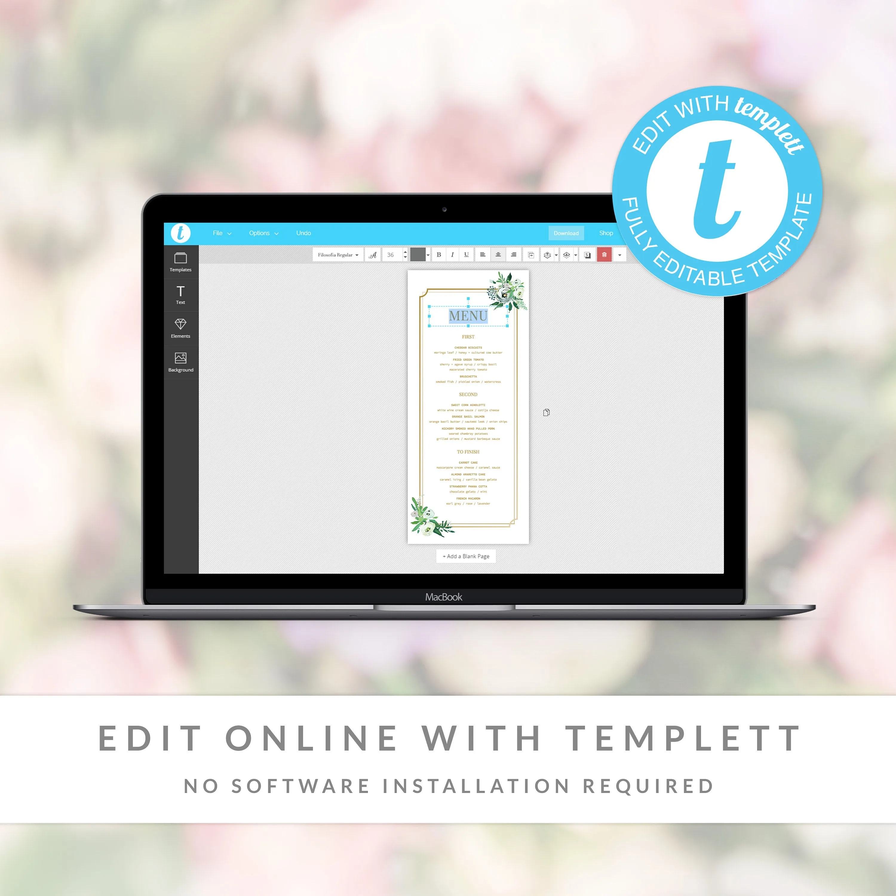 Blush Floral Greenery Wedding Menu Template, Printable, Editable INSTANT DOWNLOAD - BGF100