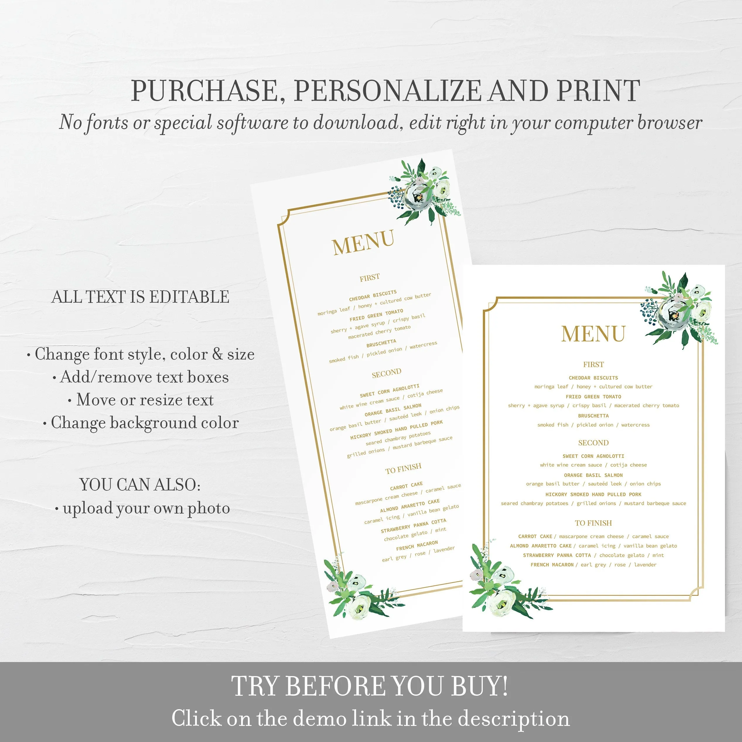 Blush Floral Greenery Wedding Menu Template, Printable, Editable INSTANT DOWNLOAD - BGF100