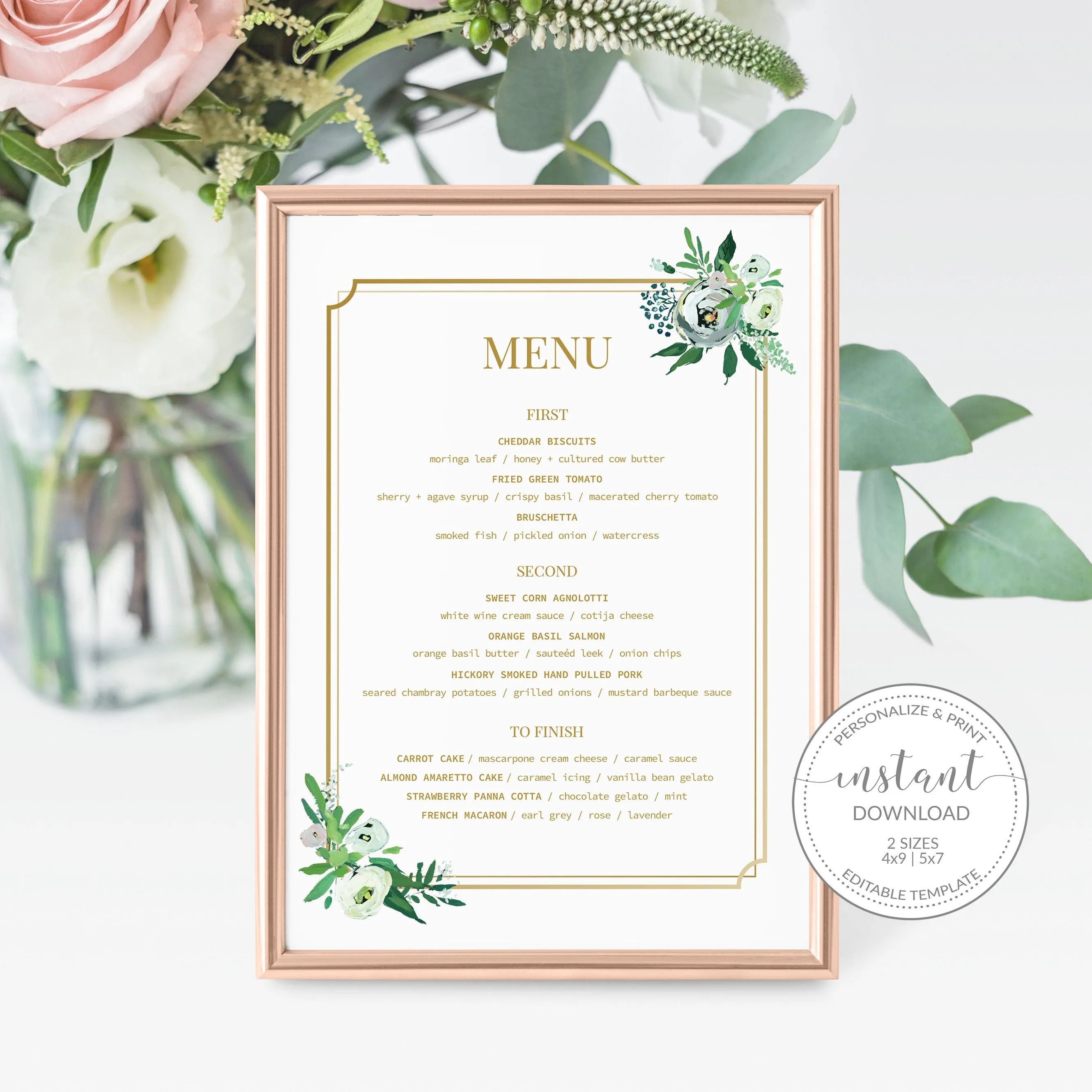 Blush Floral Greenery Wedding Menu Template, Printable, Editable INSTANT DOWNLOAD - BGF100