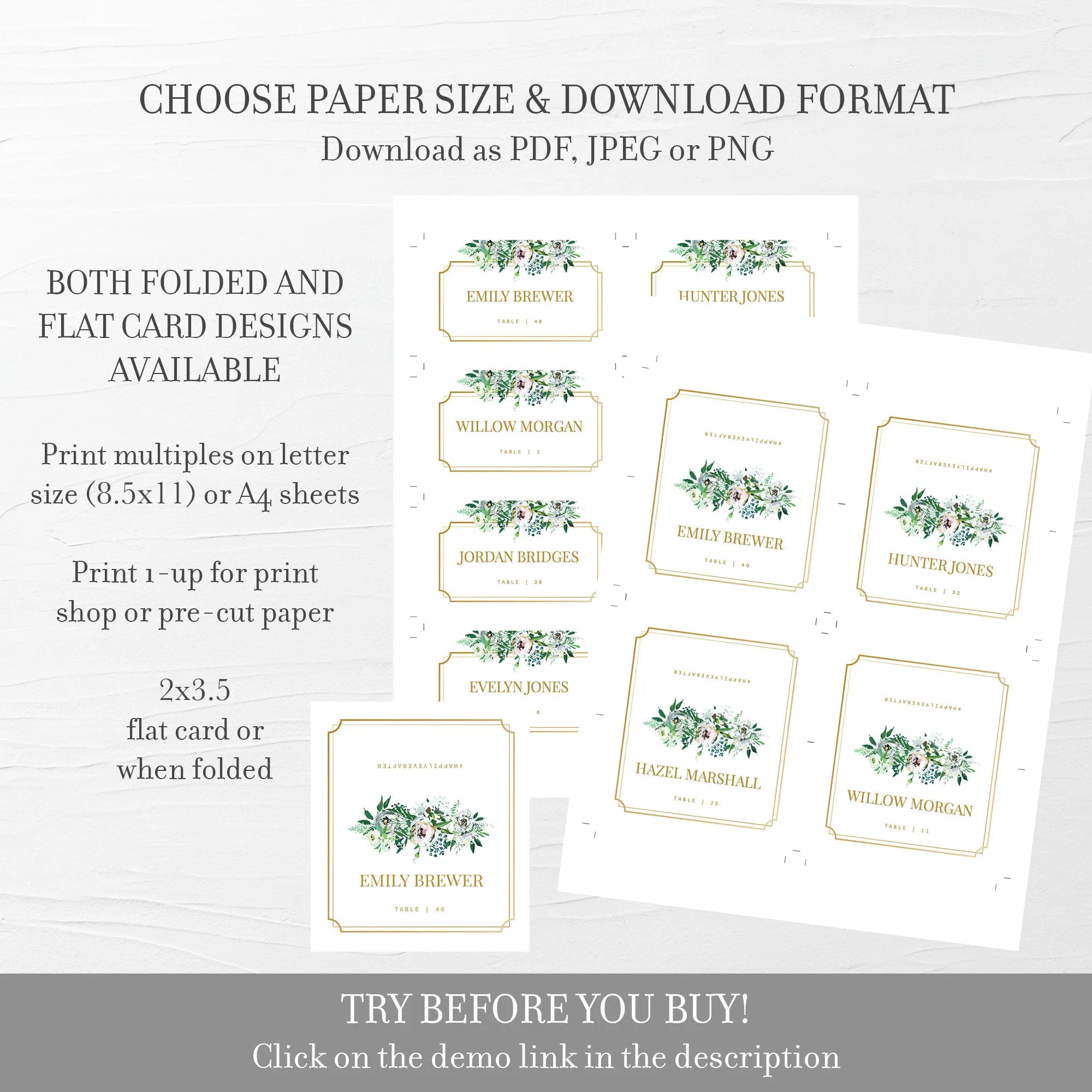 Blush Floral Greenery Wedding Place Card Template, Printable Wedding Name Cards, Editable INSTANT DOWNLOAD - BGF100