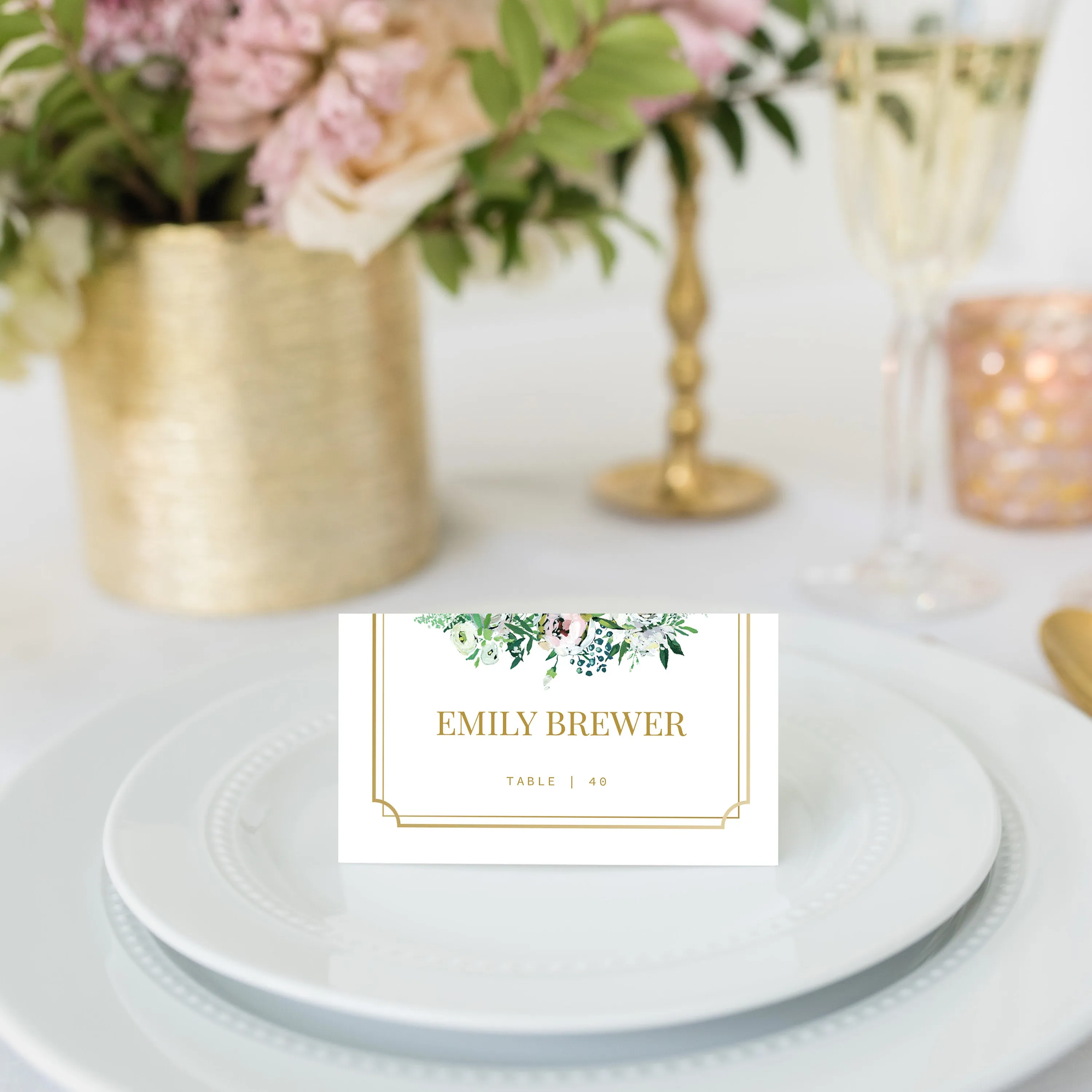 Blush Floral Greenery Wedding Place Card Template, Printable Wedding Name Cards, Editable INSTANT DOWNLOAD - BGF100