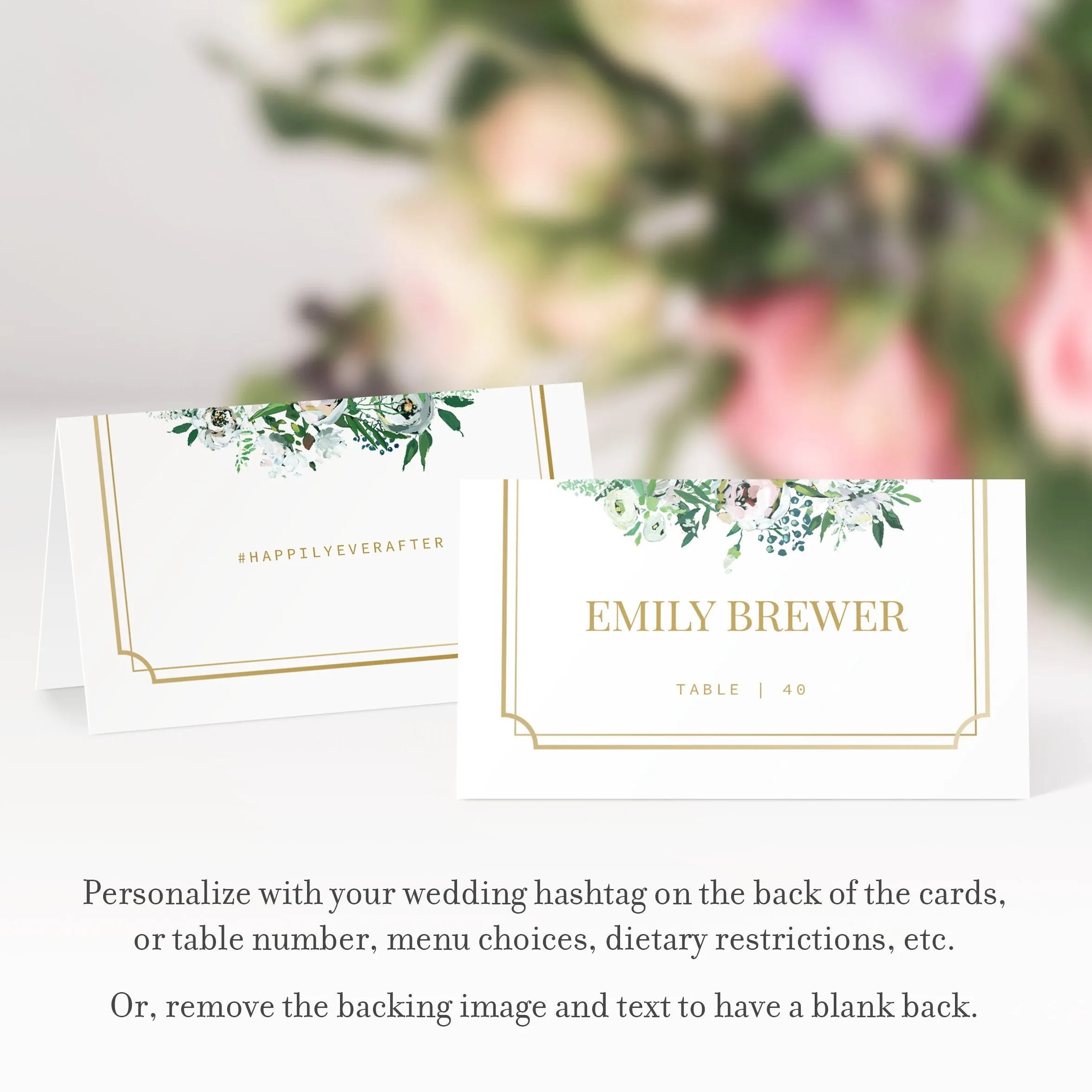 Blush Floral Greenery Wedding Place Card Template, Printable Wedding Name Cards, Editable INSTANT DOWNLOAD - BGF100