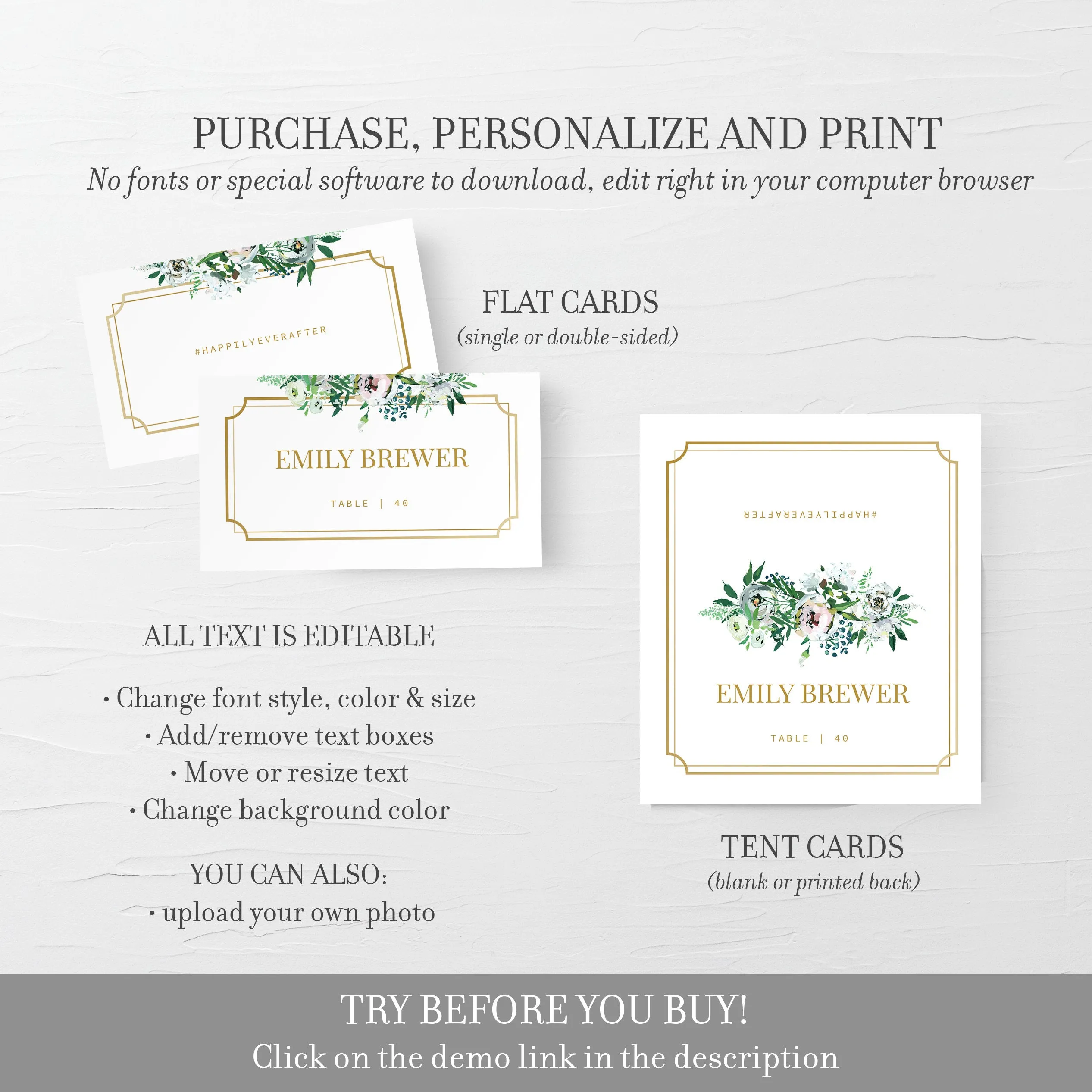 Blush Floral Greenery Wedding Place Card Template, Printable Wedding Name Cards, Editable INSTANT DOWNLOAD - BGF100