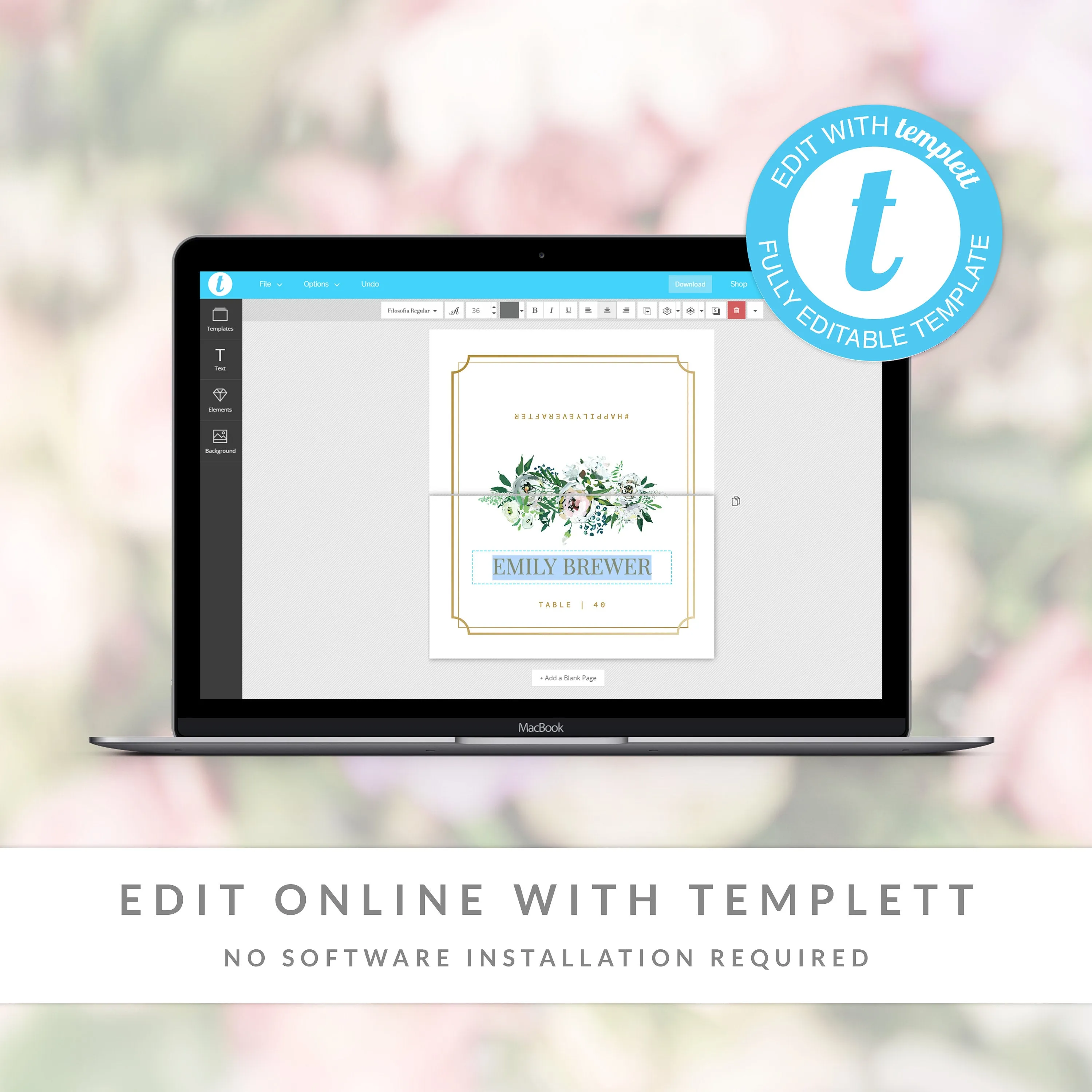 Blush Floral Greenery Wedding Place Card Template, Printable Wedding Name Cards, Editable INSTANT DOWNLOAD - BGF100