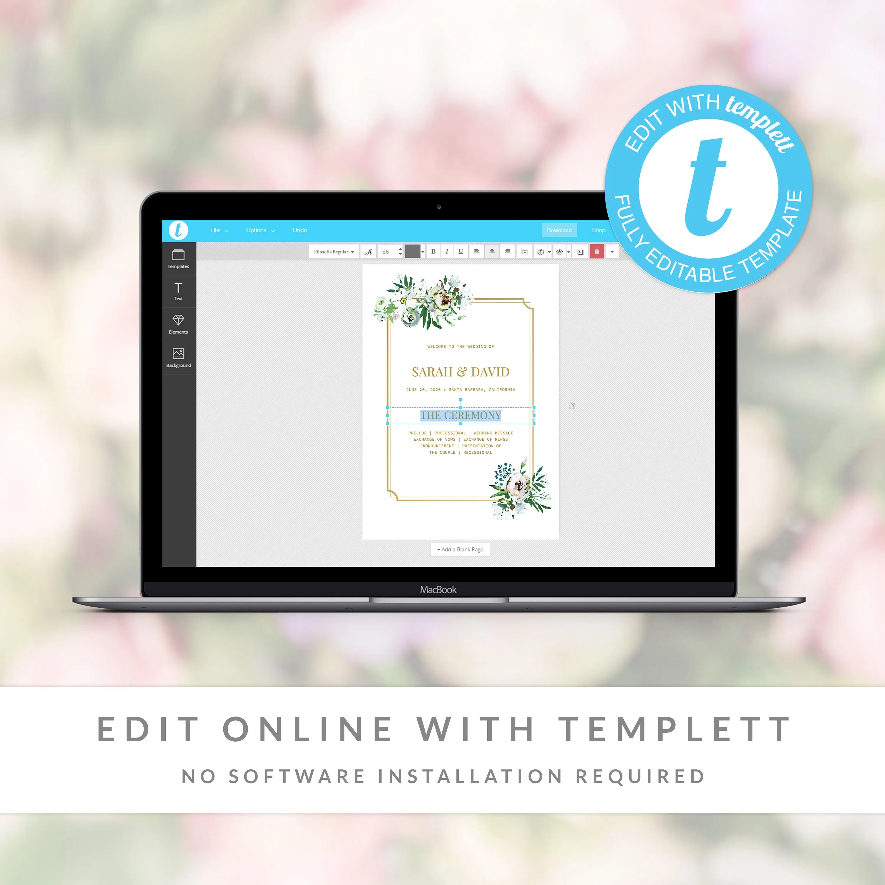 Blush Floral Greenery Wedding Program Template, Printable Wedding Ceremony Programs, Editable INSTANT DOWNLOAD - BGF100