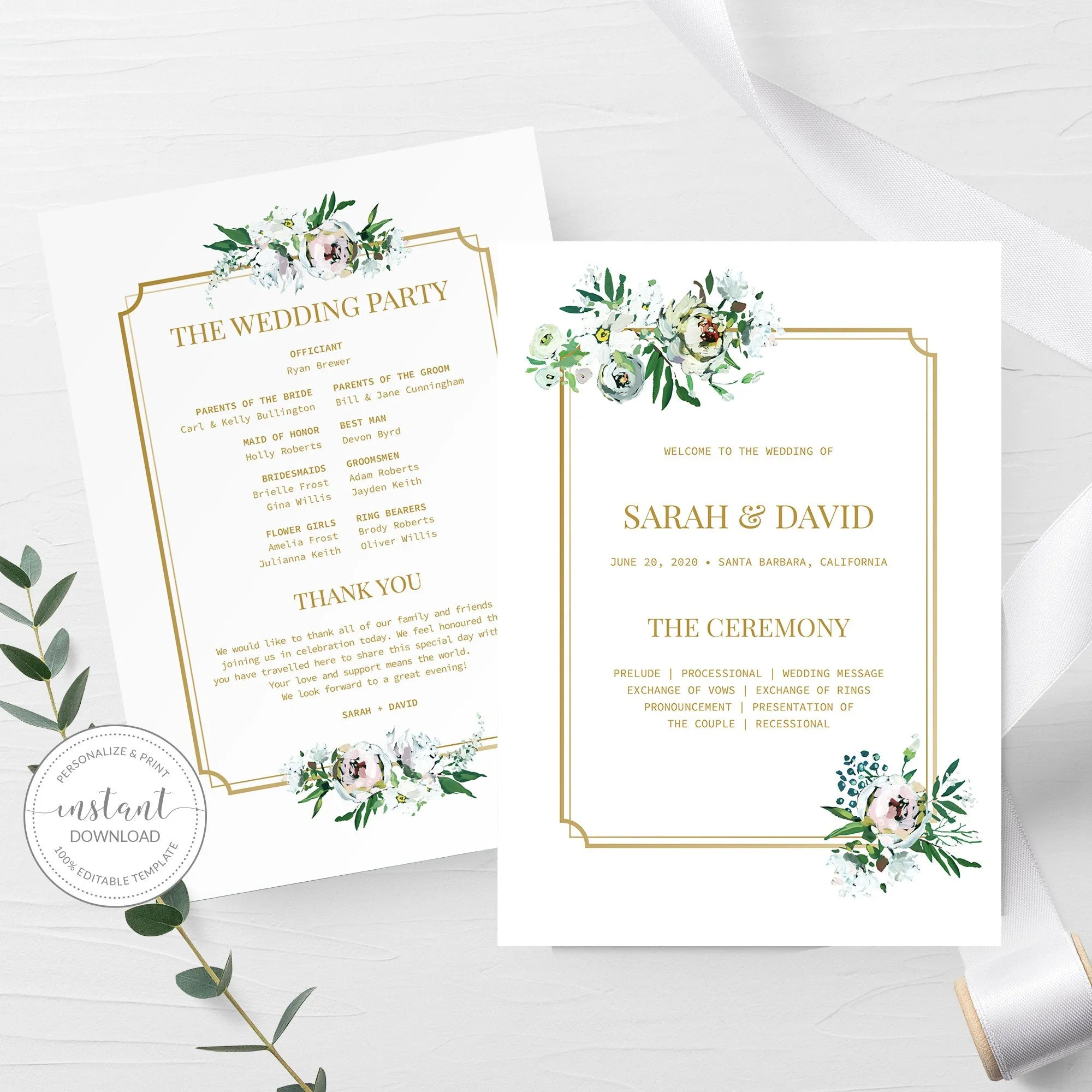 Blush Floral Greenery Wedding Program Template, Printable Wedding Ceremony Programs, Editable INSTANT DOWNLOAD - BGF100