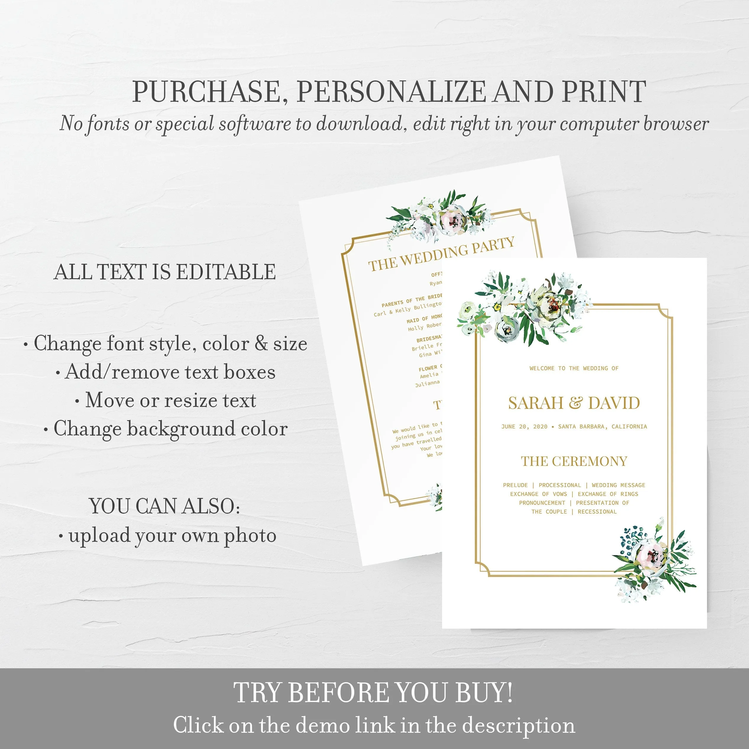 Blush Floral Greenery Wedding Program Template, Printable Wedding Ceremony Programs, Editable INSTANT DOWNLOAD - BGF100