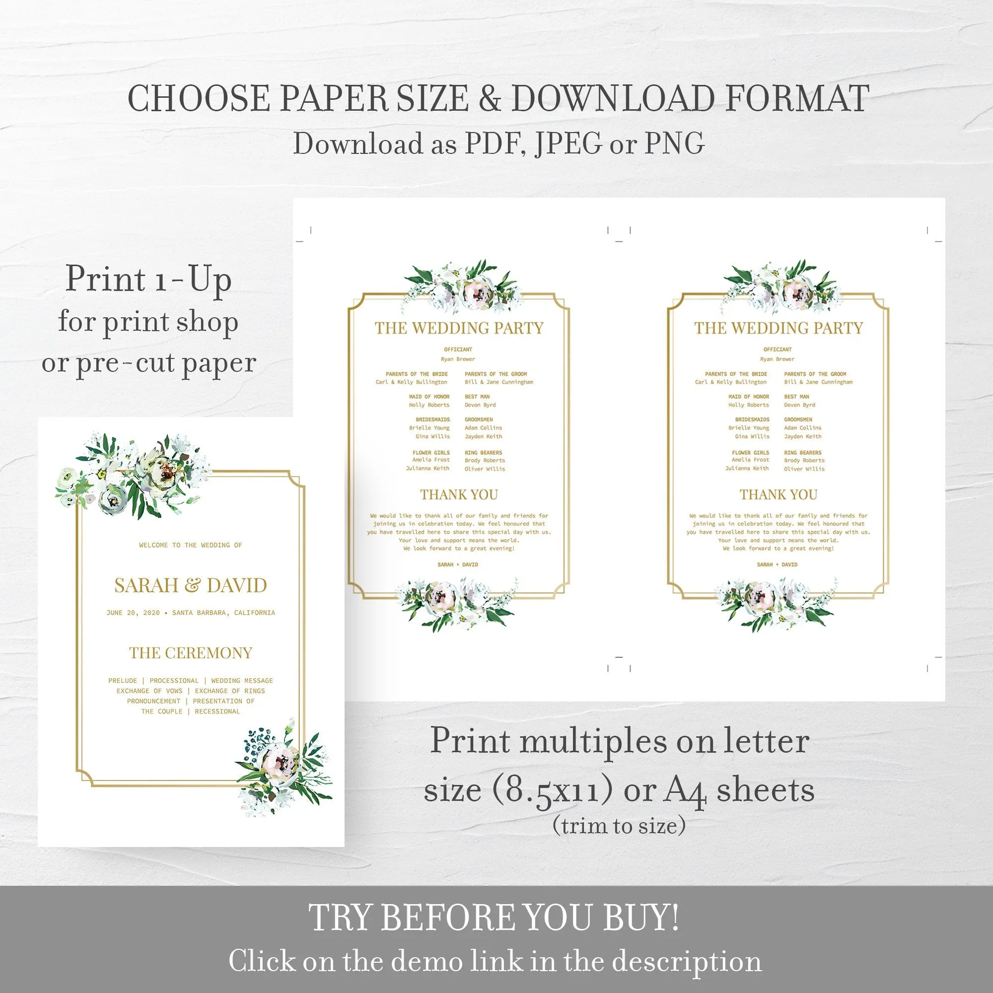 Blush Floral Greenery Wedding Program Template, Printable Wedding Ceremony Programs, Editable INSTANT DOWNLOAD - BGF100