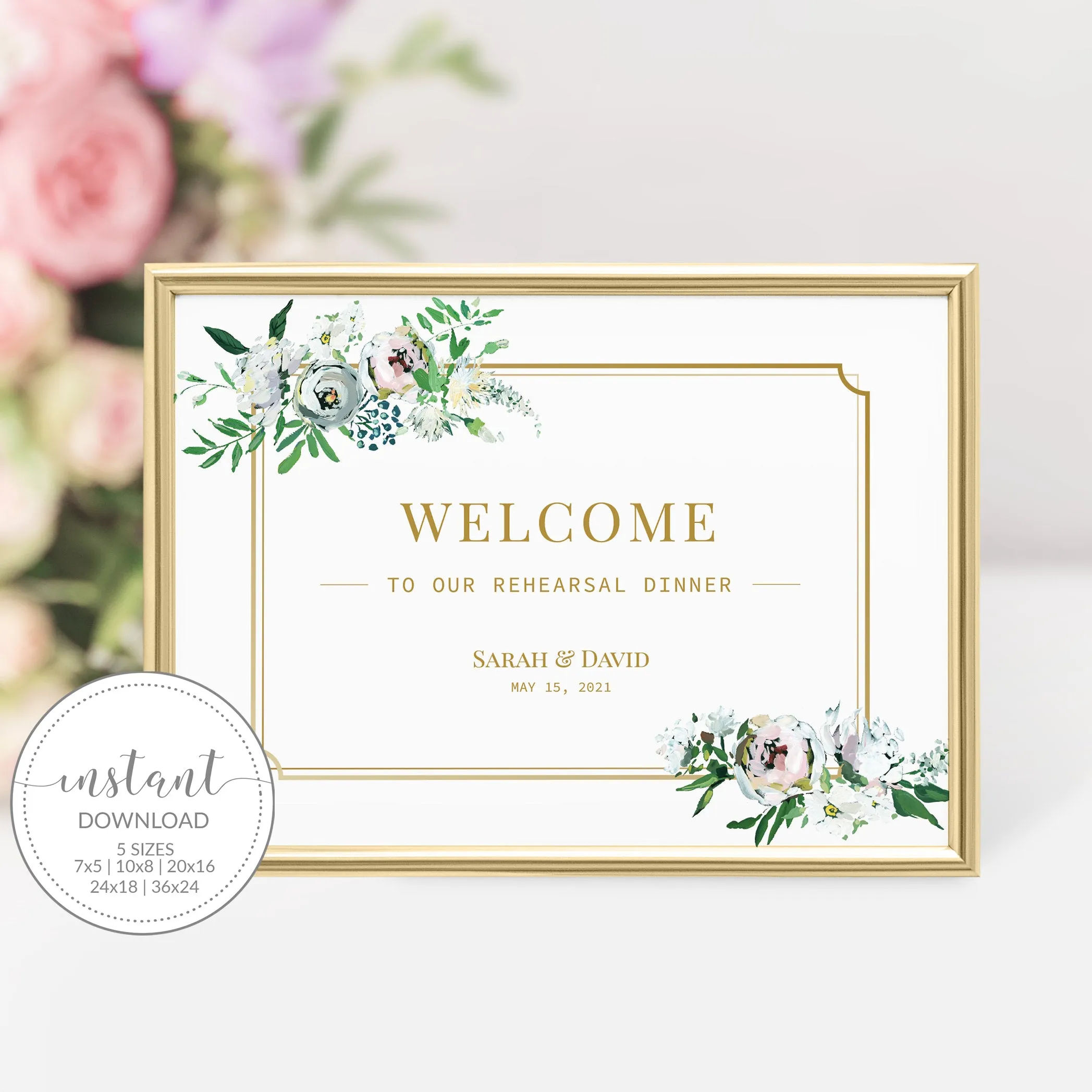 Blush Floral Greenery Wedding Rehearsal Dinner Sign Template, Printable Large Welcome Sign, Editable INSTANT DOWNLOAD - BGF100