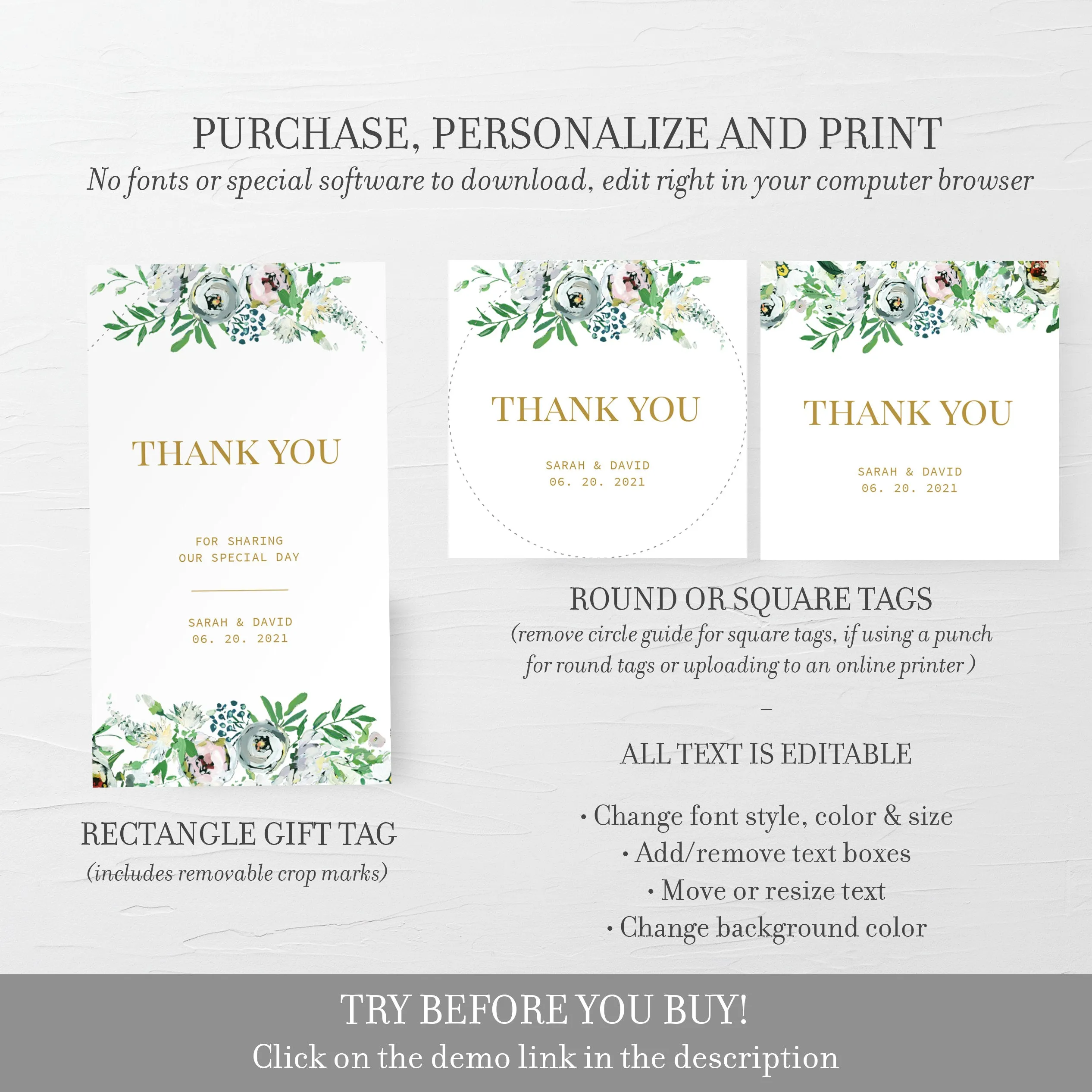 Blush Floral Greenery Wedding Stickers Template, Printable Wedding Thank You Stickers, Editable INSTANT DOWNLOAD - BGF100