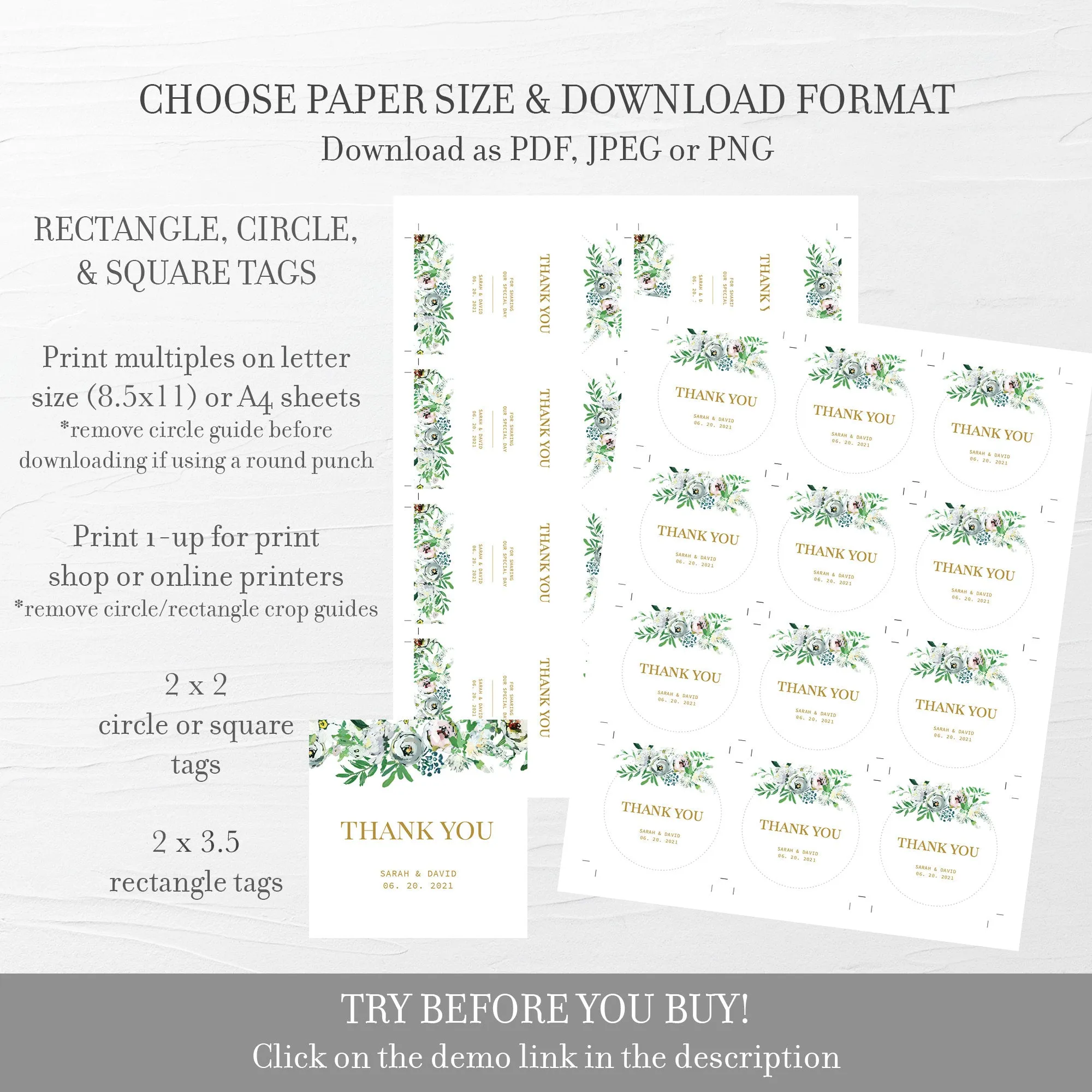 Blush Floral Greenery Wedding Stickers Template, Printable Wedding Thank You Stickers, Editable INSTANT DOWNLOAD - BGF100